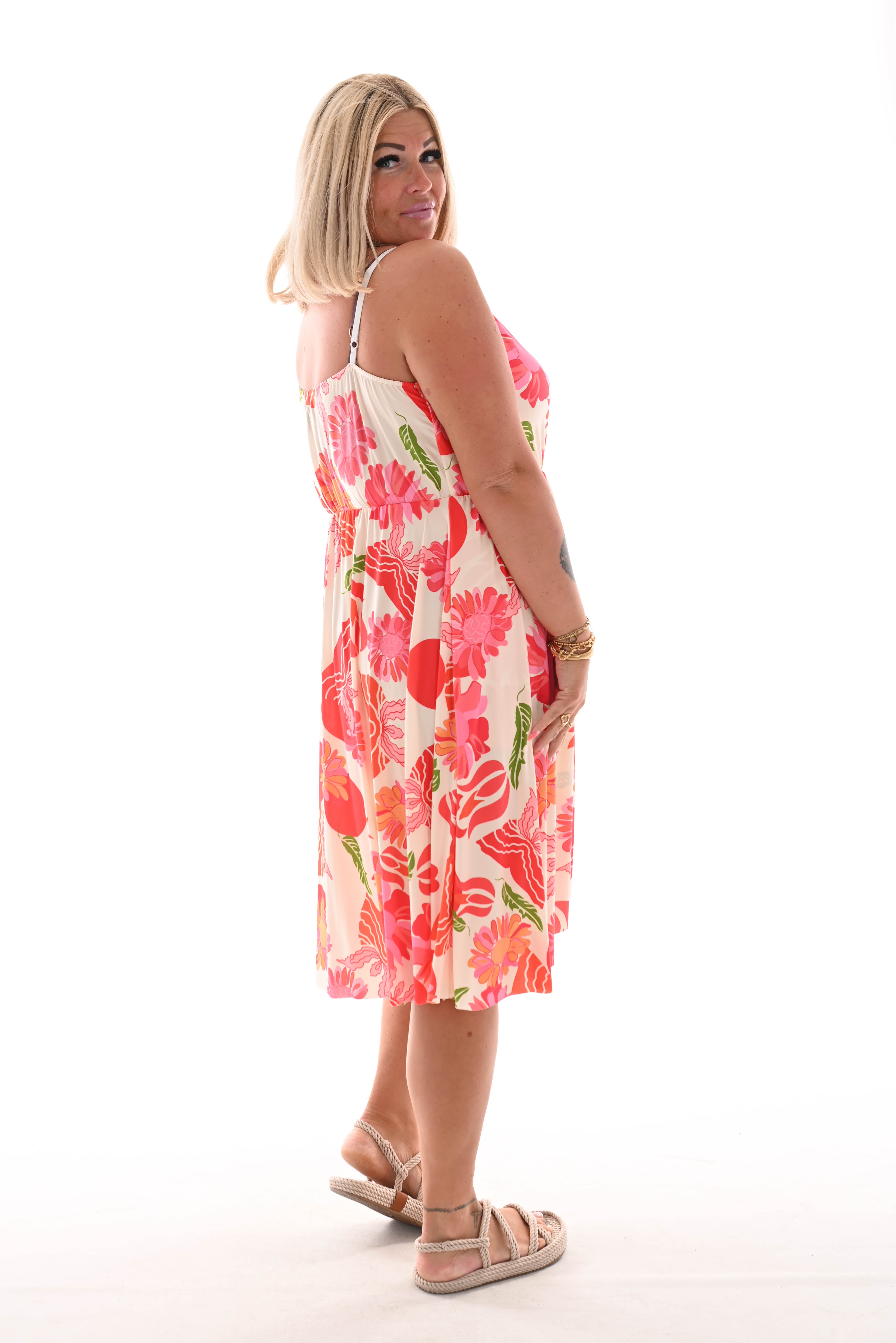 Korte jurk spaghetti bandjes bloemen print creme
