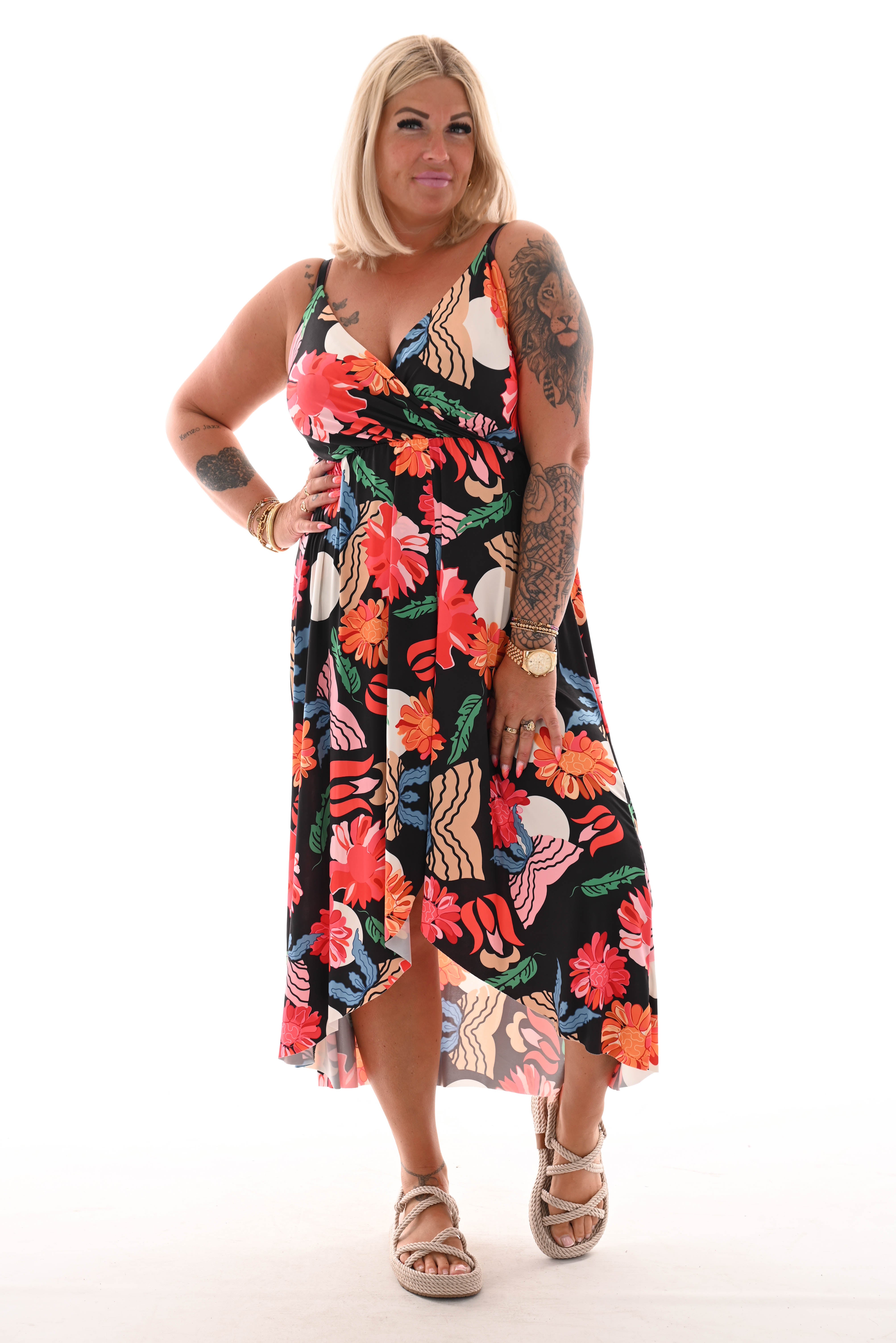 Lange jurk spaghetti bandjes bloemen print zwart