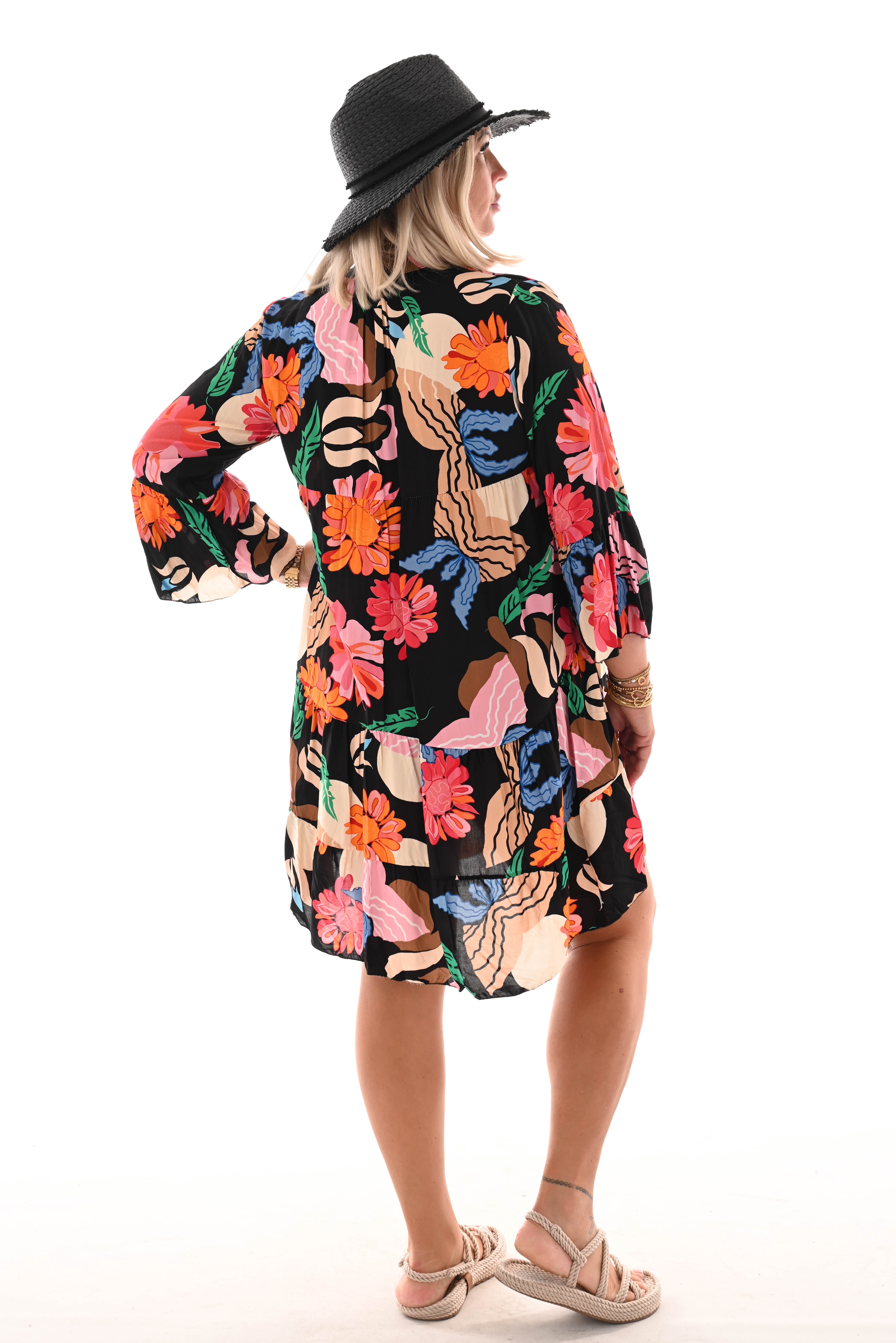 Tuniek bloemen print 3/4e mouw zwart