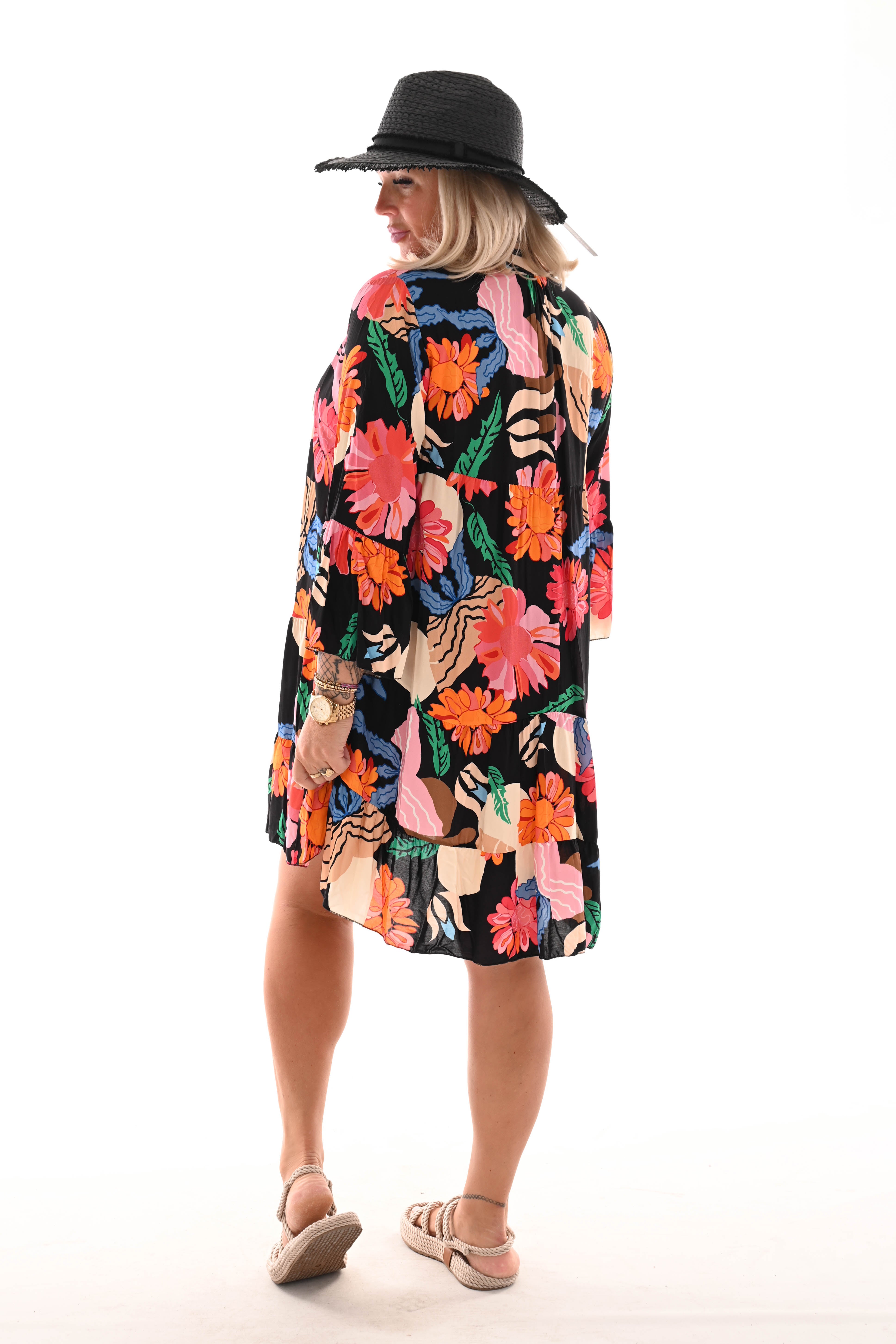 Tuniek bloemen print 3/4e mouw zwart