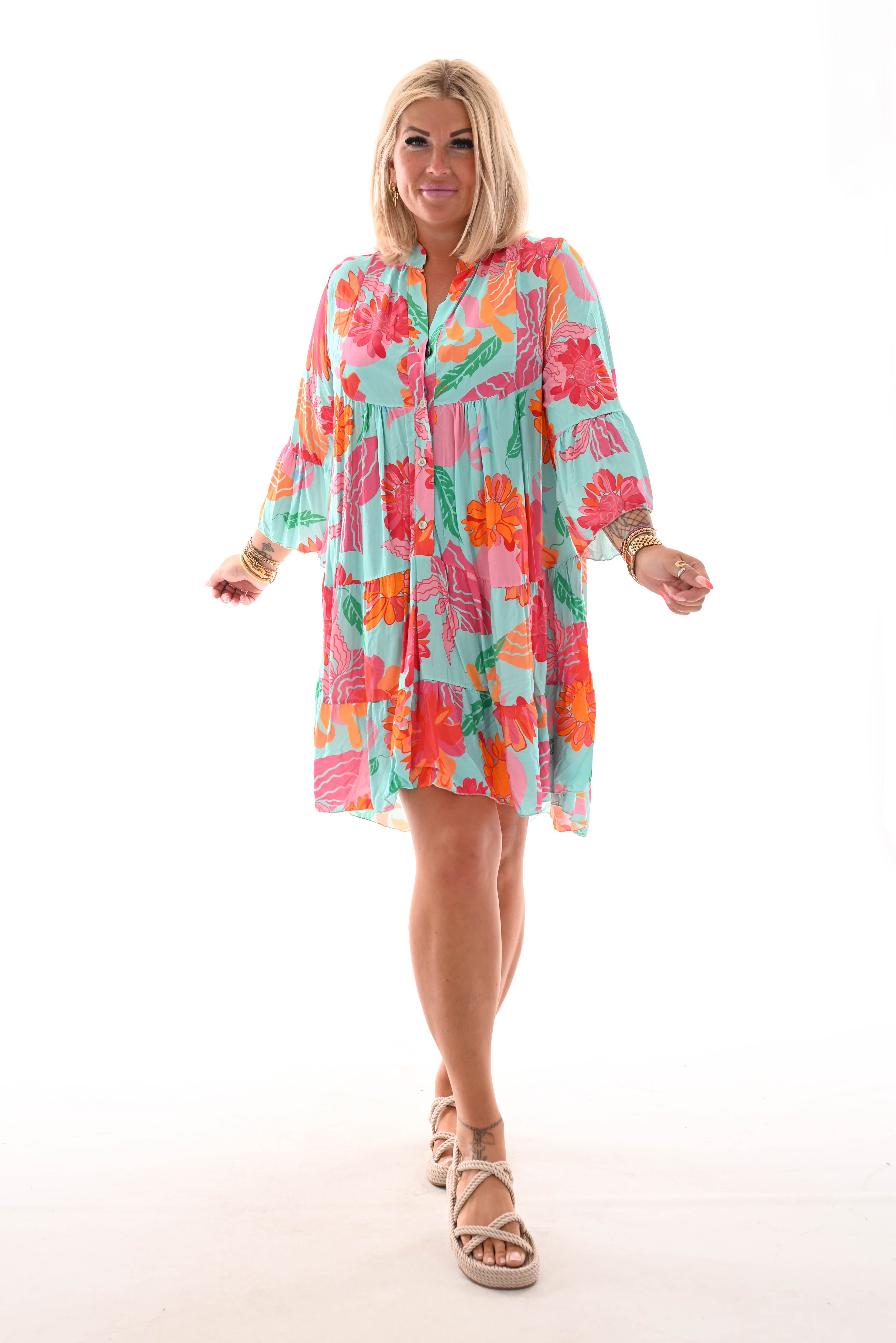 Tuniek bloemen print 3/4e mouw lichtblauw