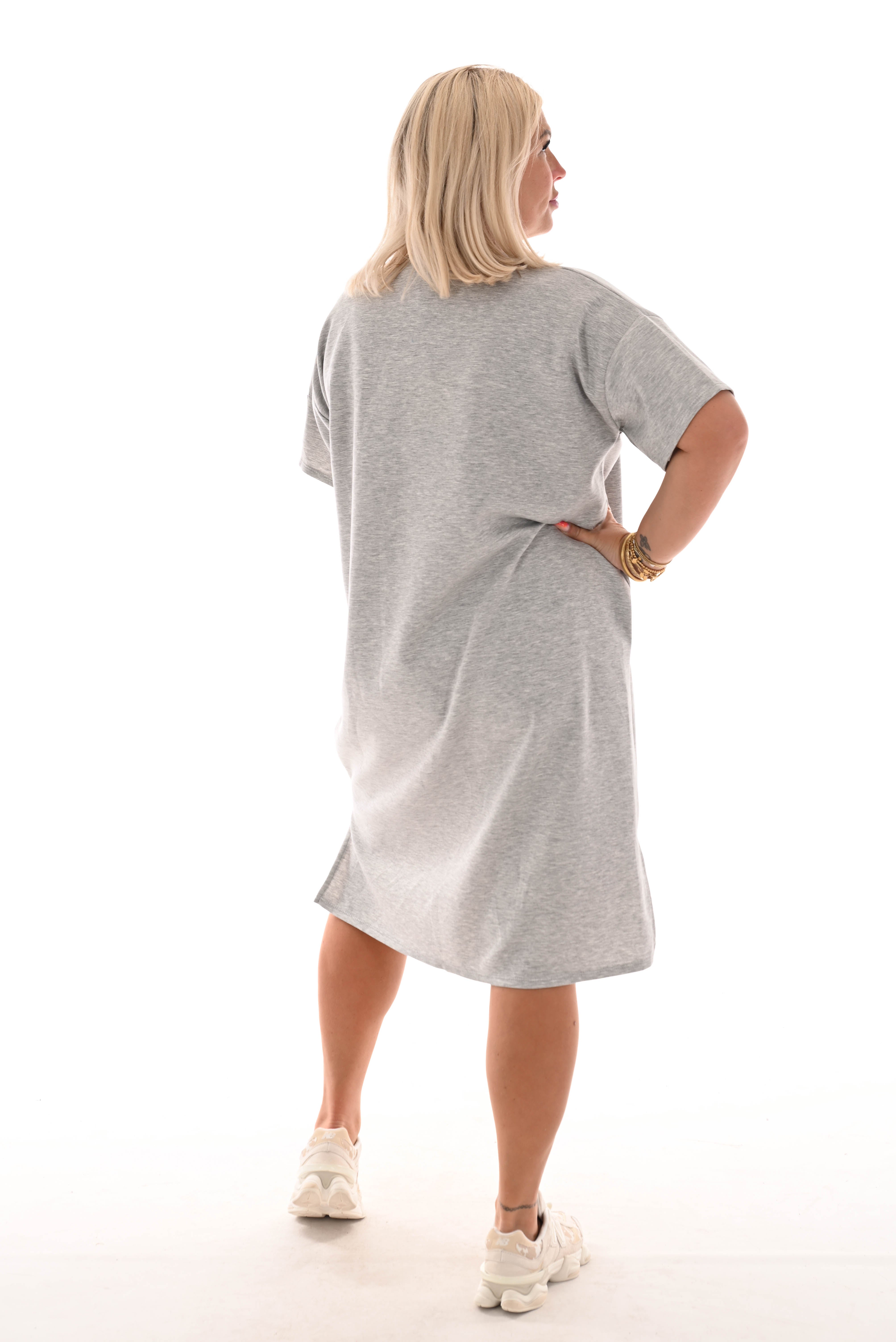 Sweaterdress v-hals korte mouwen applicatie grijs
