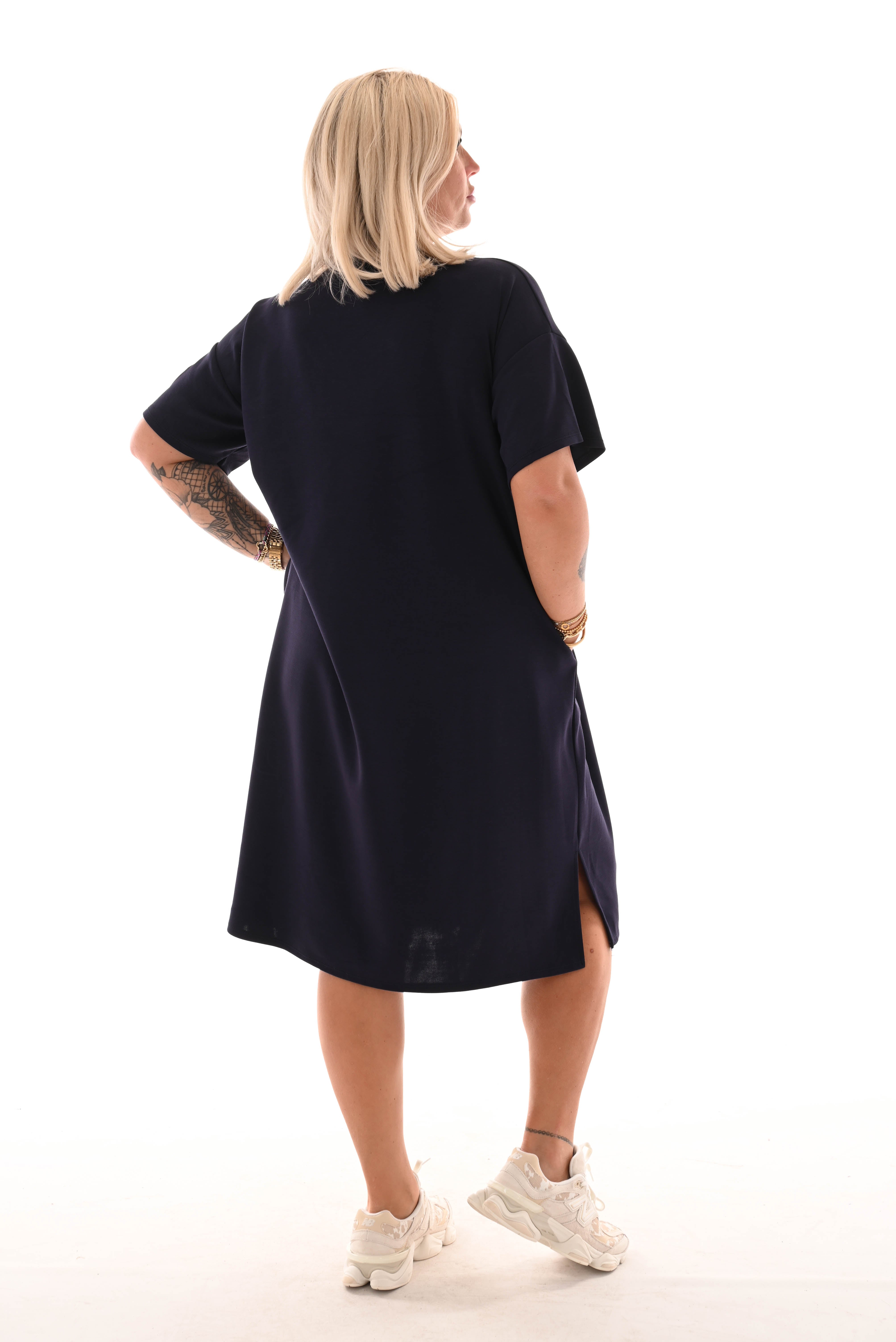 Sweaterdress v-hals korte mouwen applicatie marineblauw