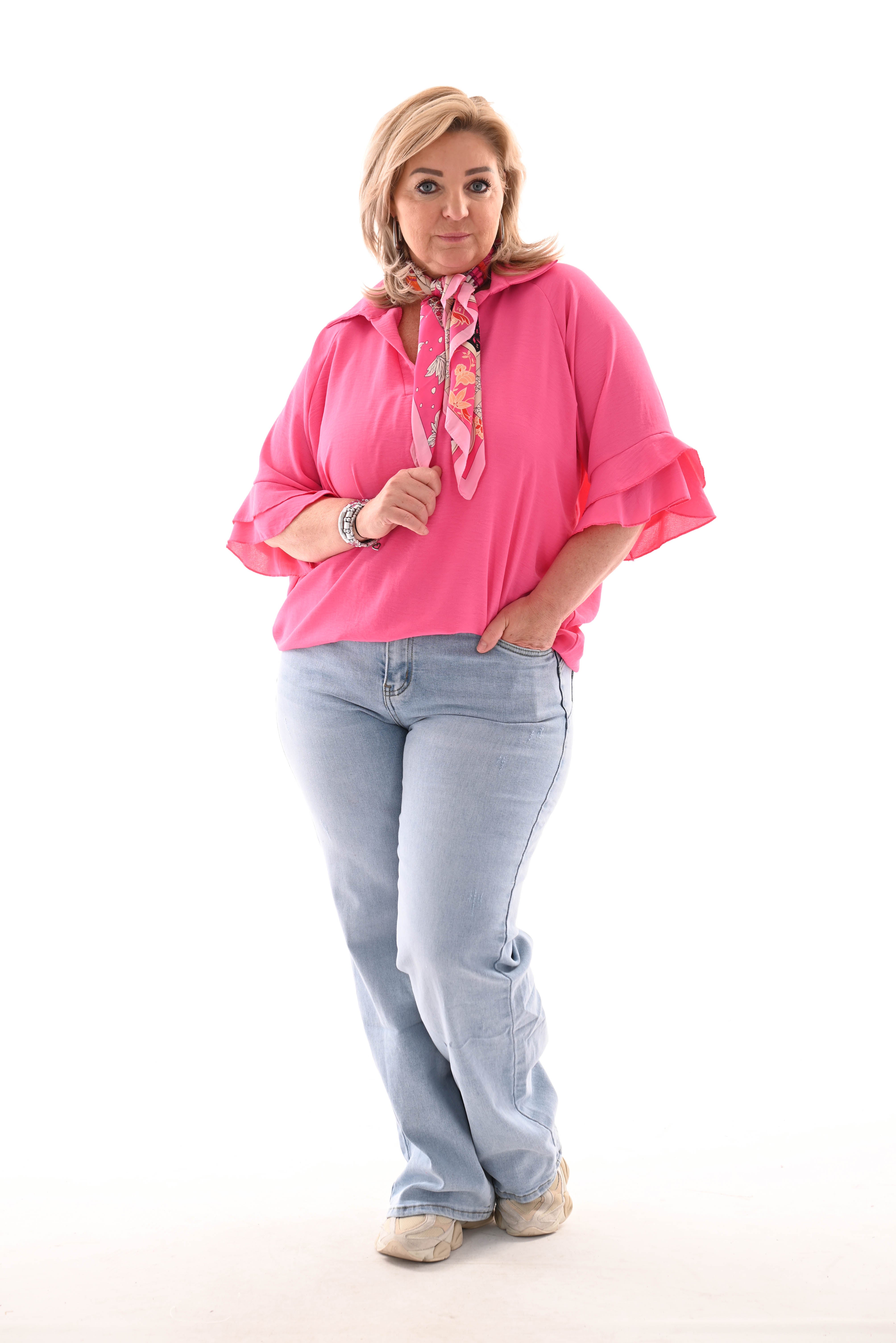 Ballon top v-hals met kraag roze
