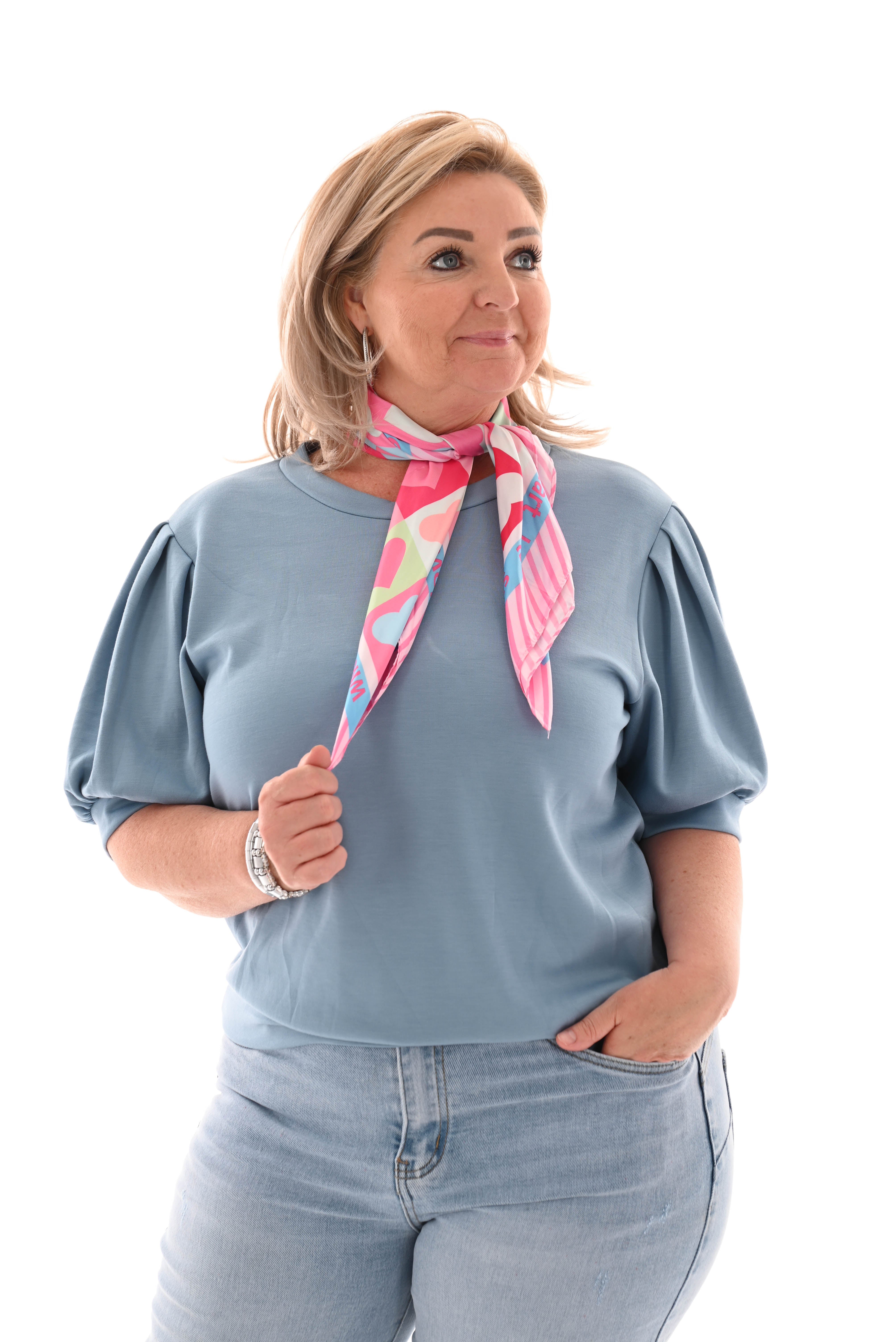 Sweater korte pofmouwen jeansblauw