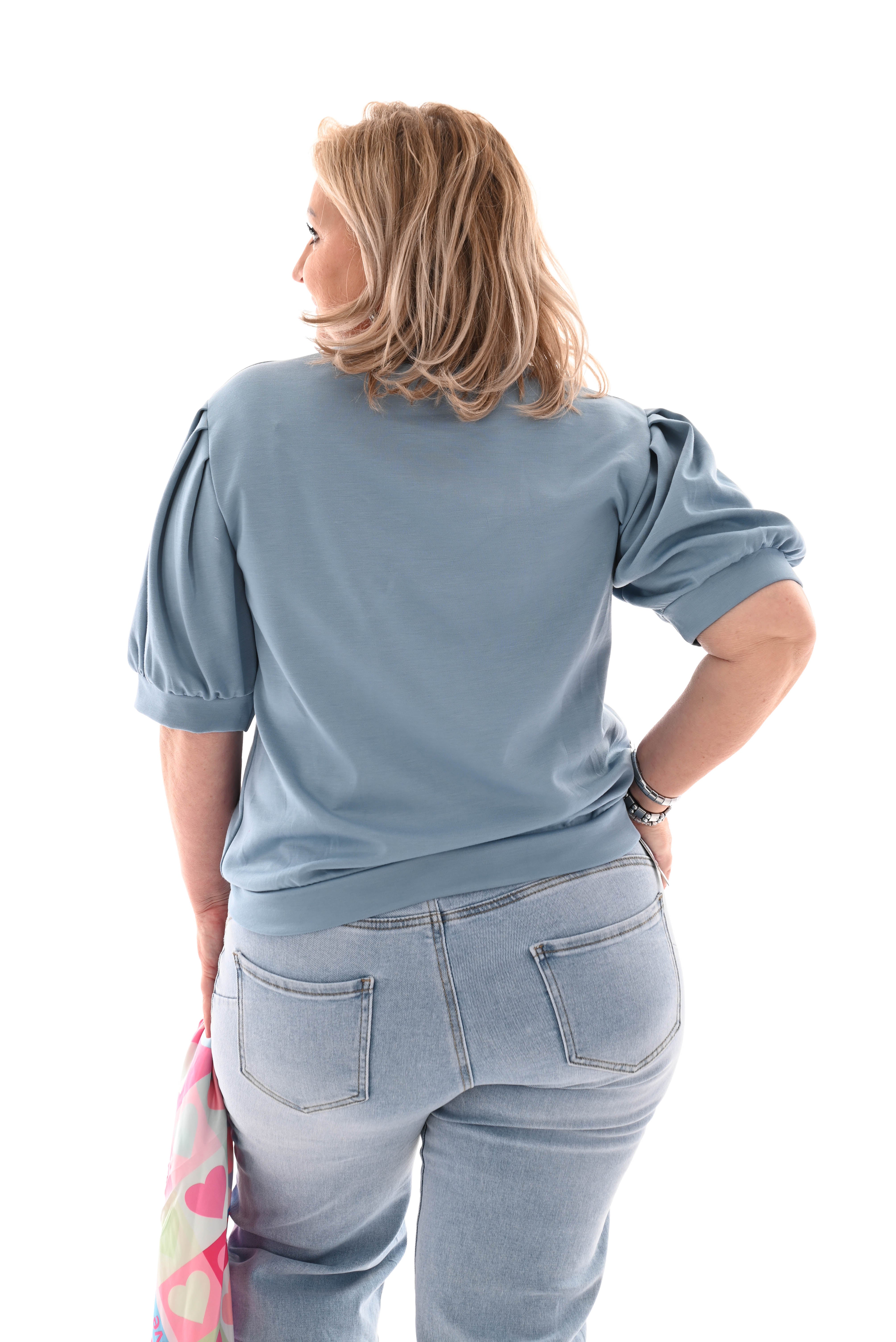 Sweater korte pofmouwen jeansblauw