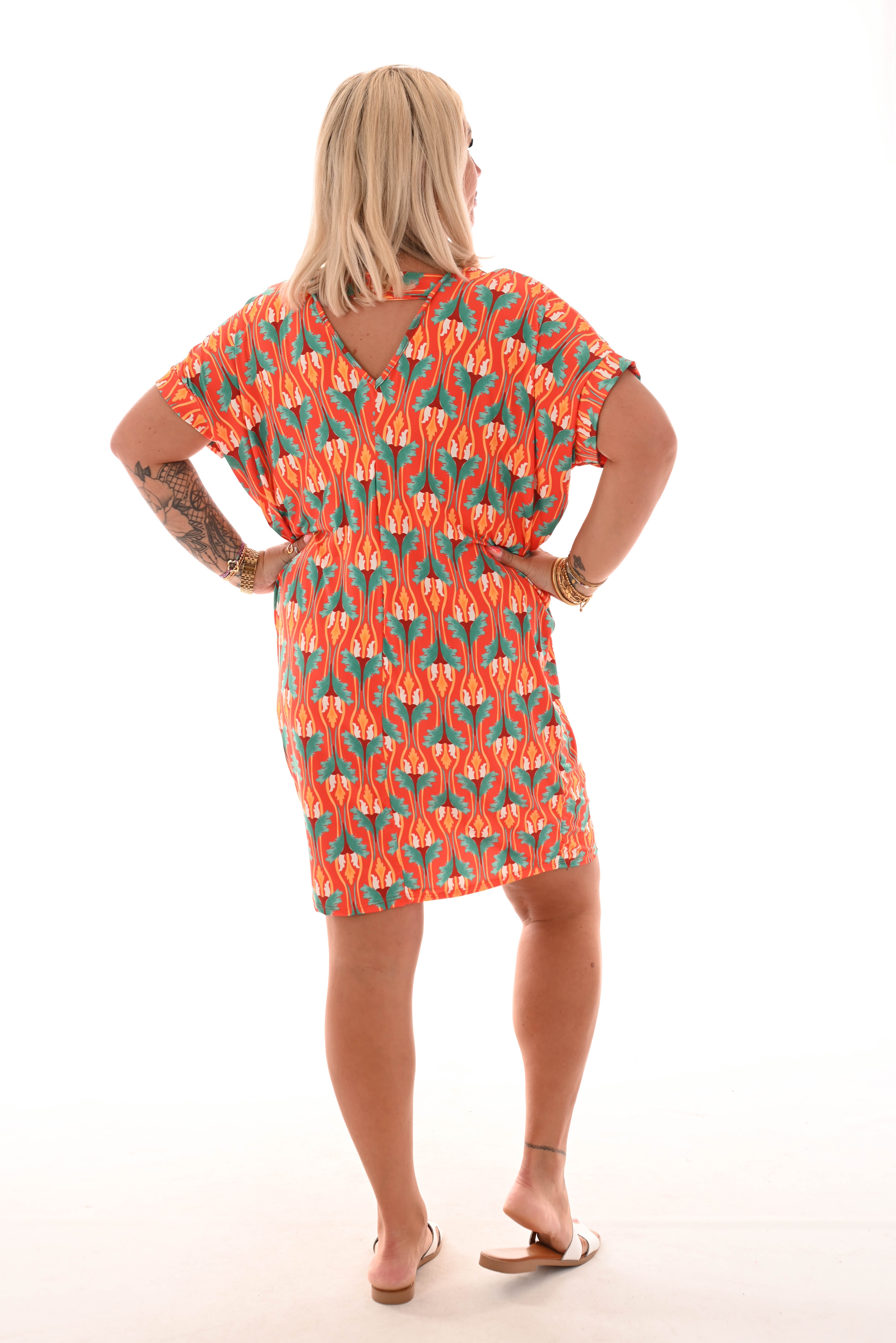 Tuniek v-rug print barok oranje/groen