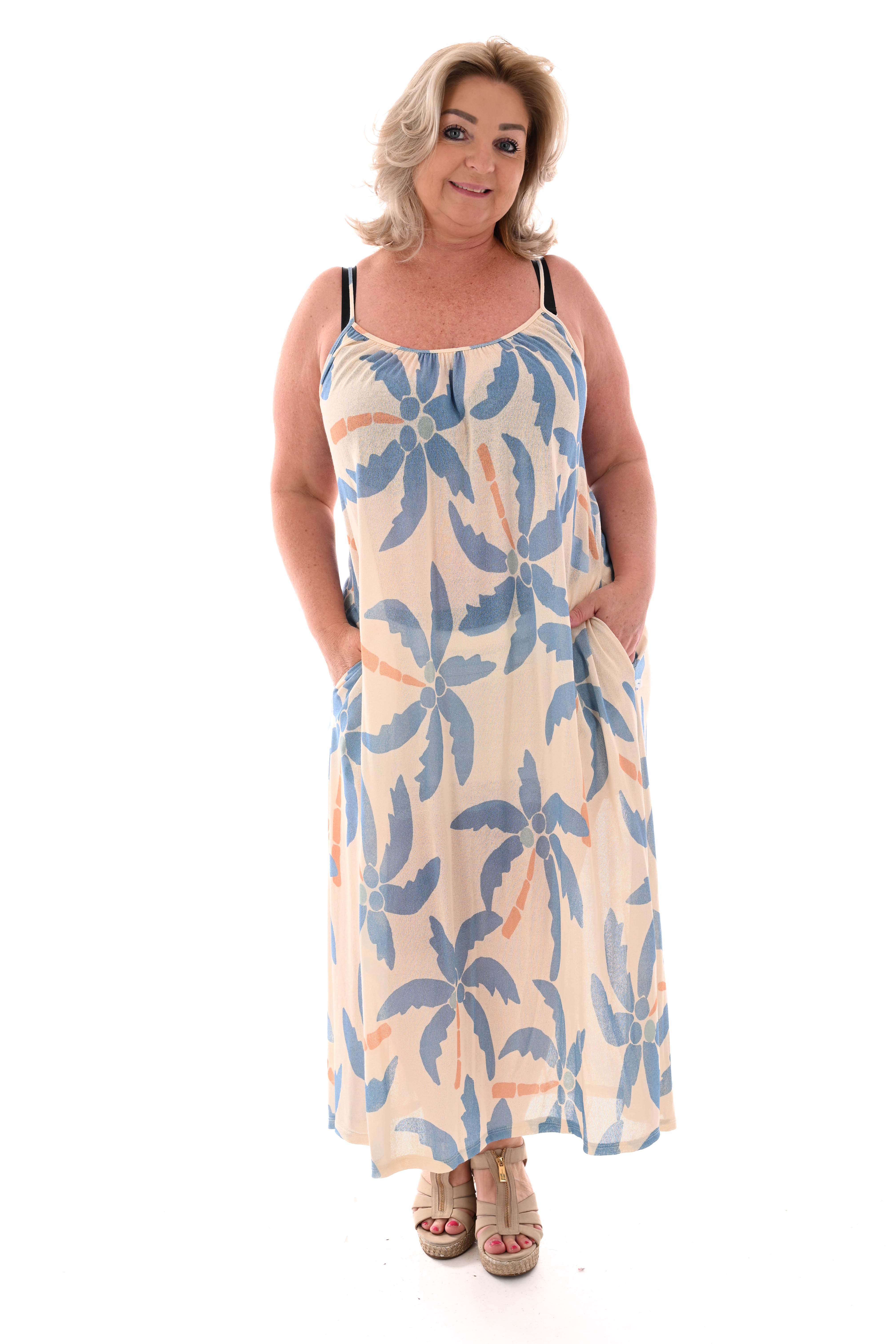 Lange jurk smalle bandjes blauw/creme