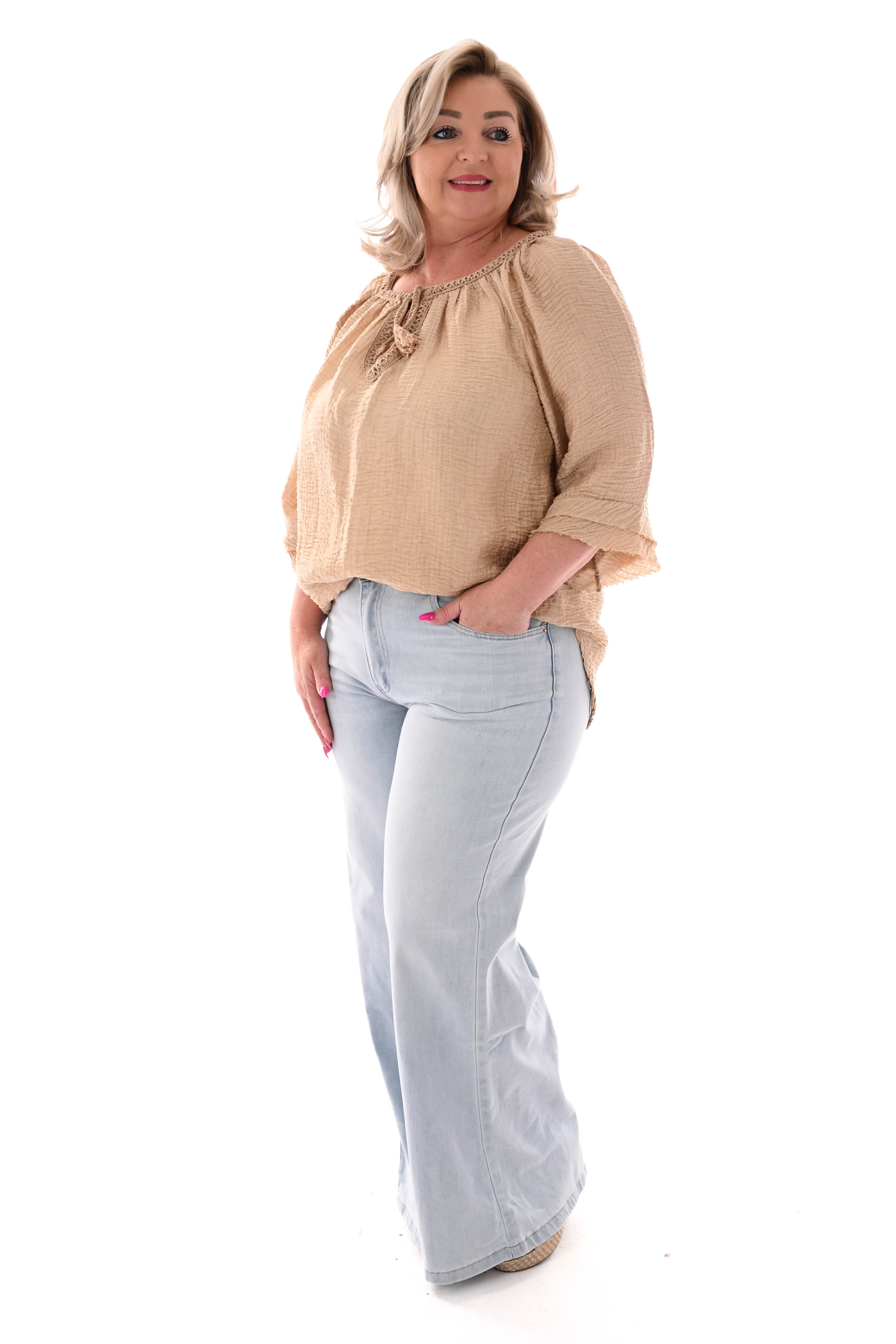 Wafel top v-hals korte mouwen camel