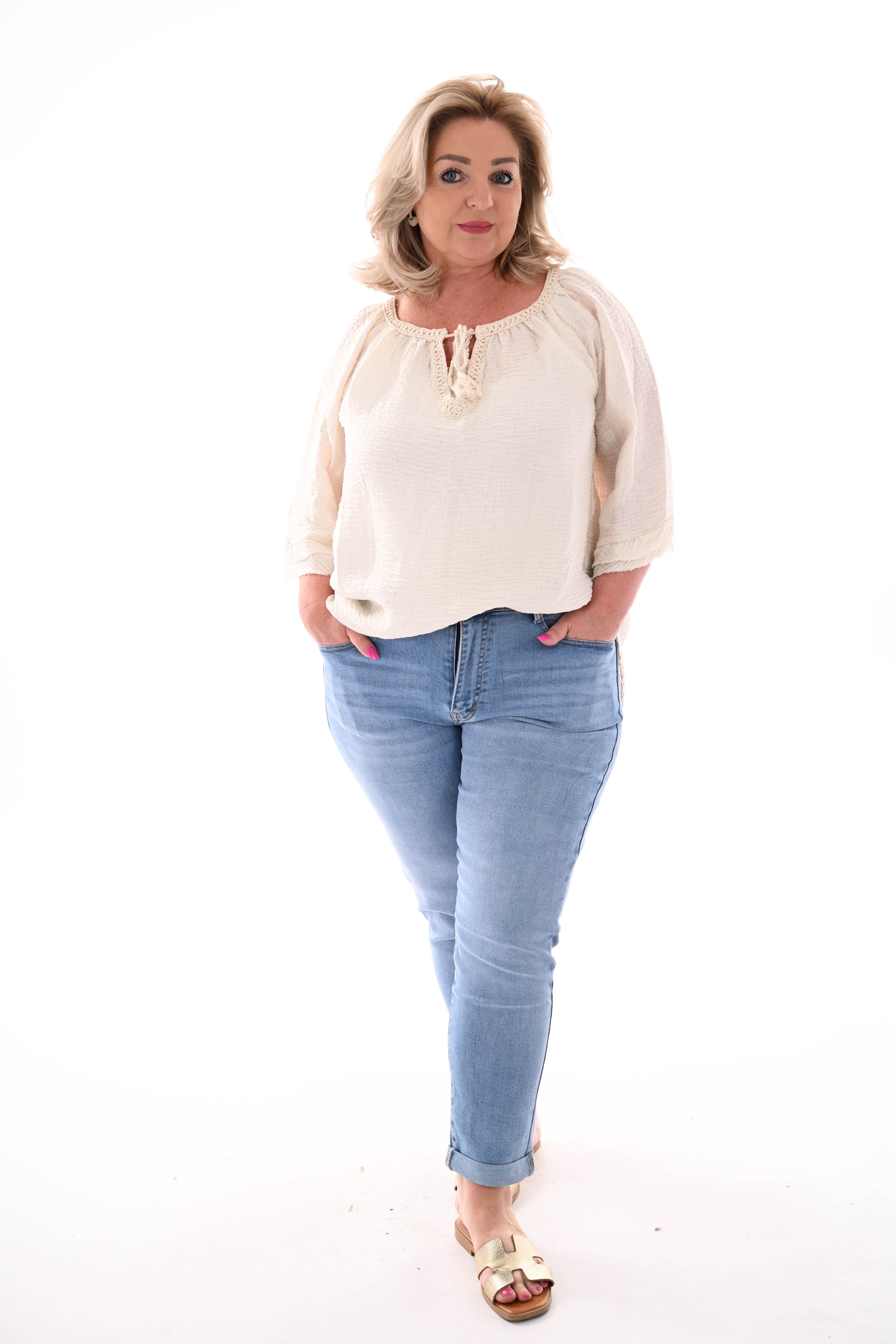 Wafel top v-hals korte mouwen creme