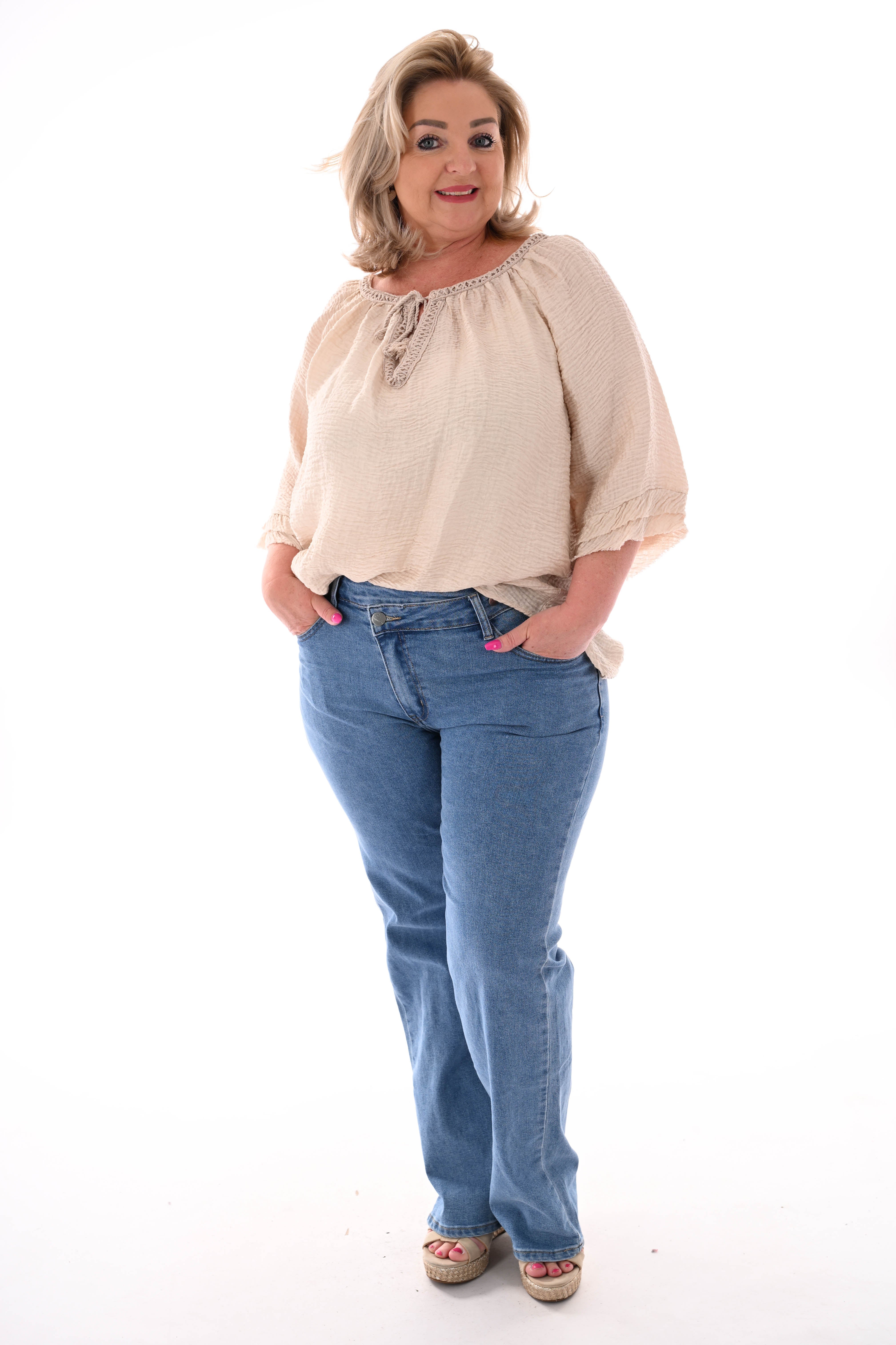 Wafel top v-hals korte mouwen beige