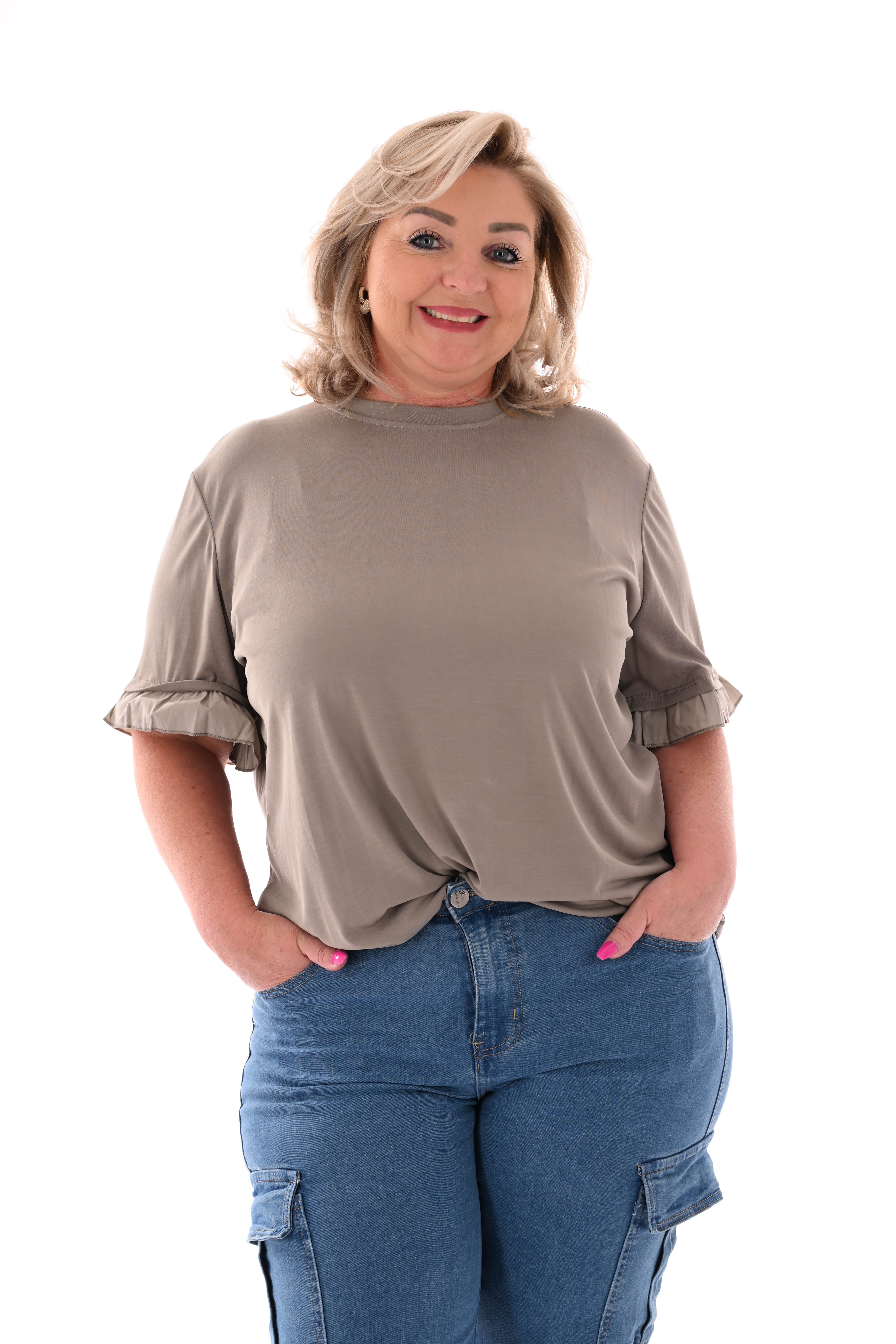 T-shirt roezelmouwen uni taupe