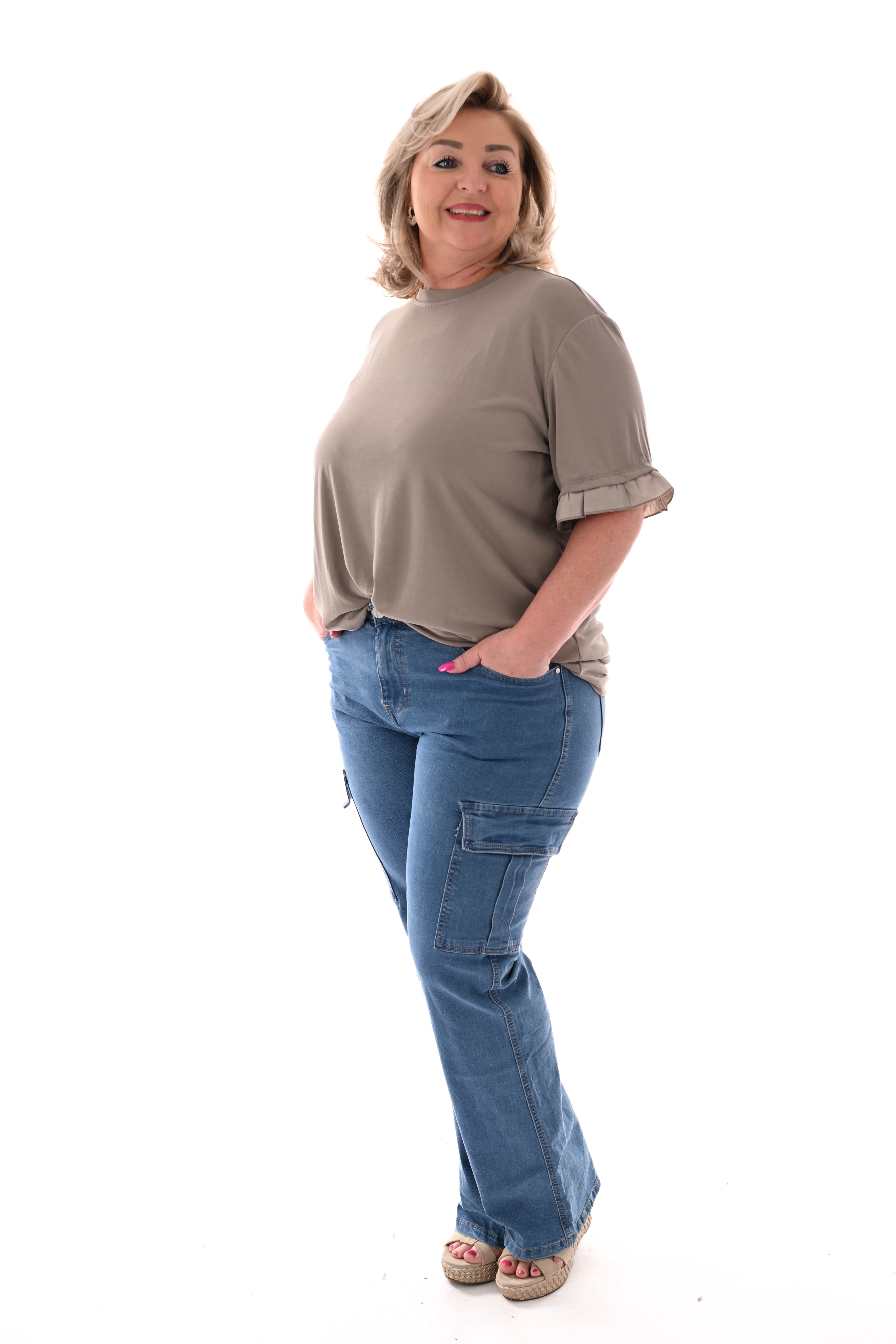 T-shirt roezelmouwen uni taupe