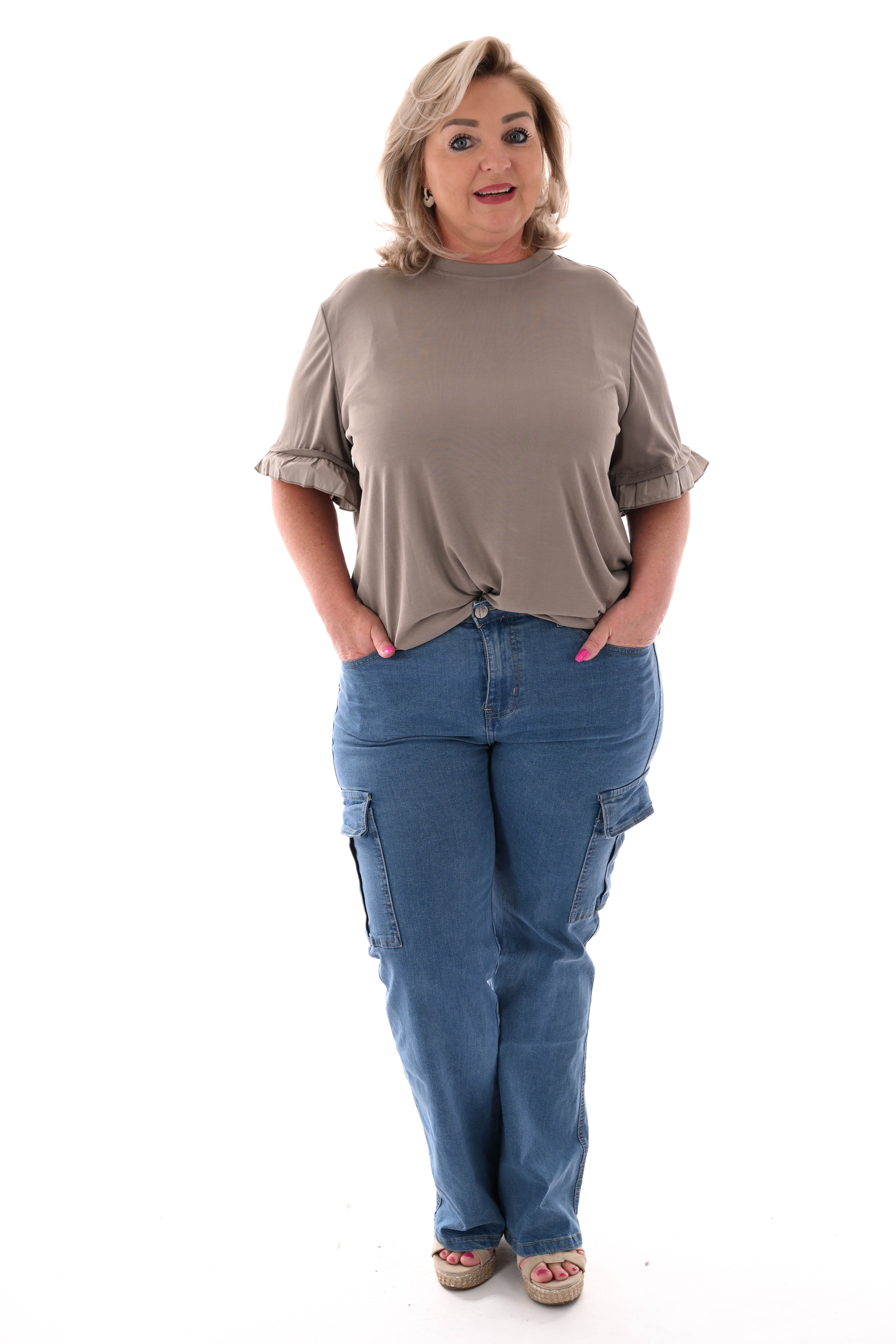 T-shirt roezelmouwen uni taupe