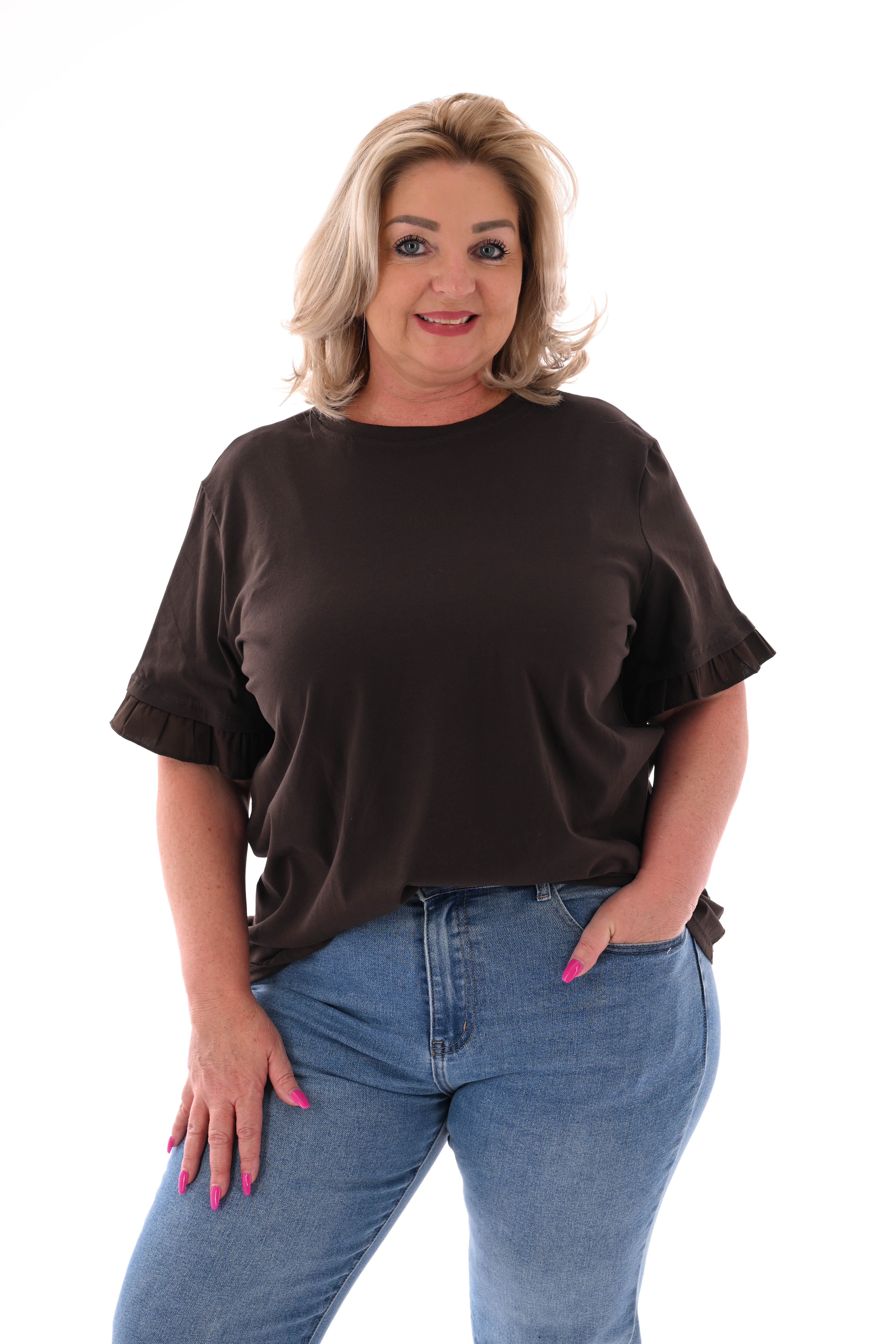 T-shirt roezelmouwen uni donkerbruin