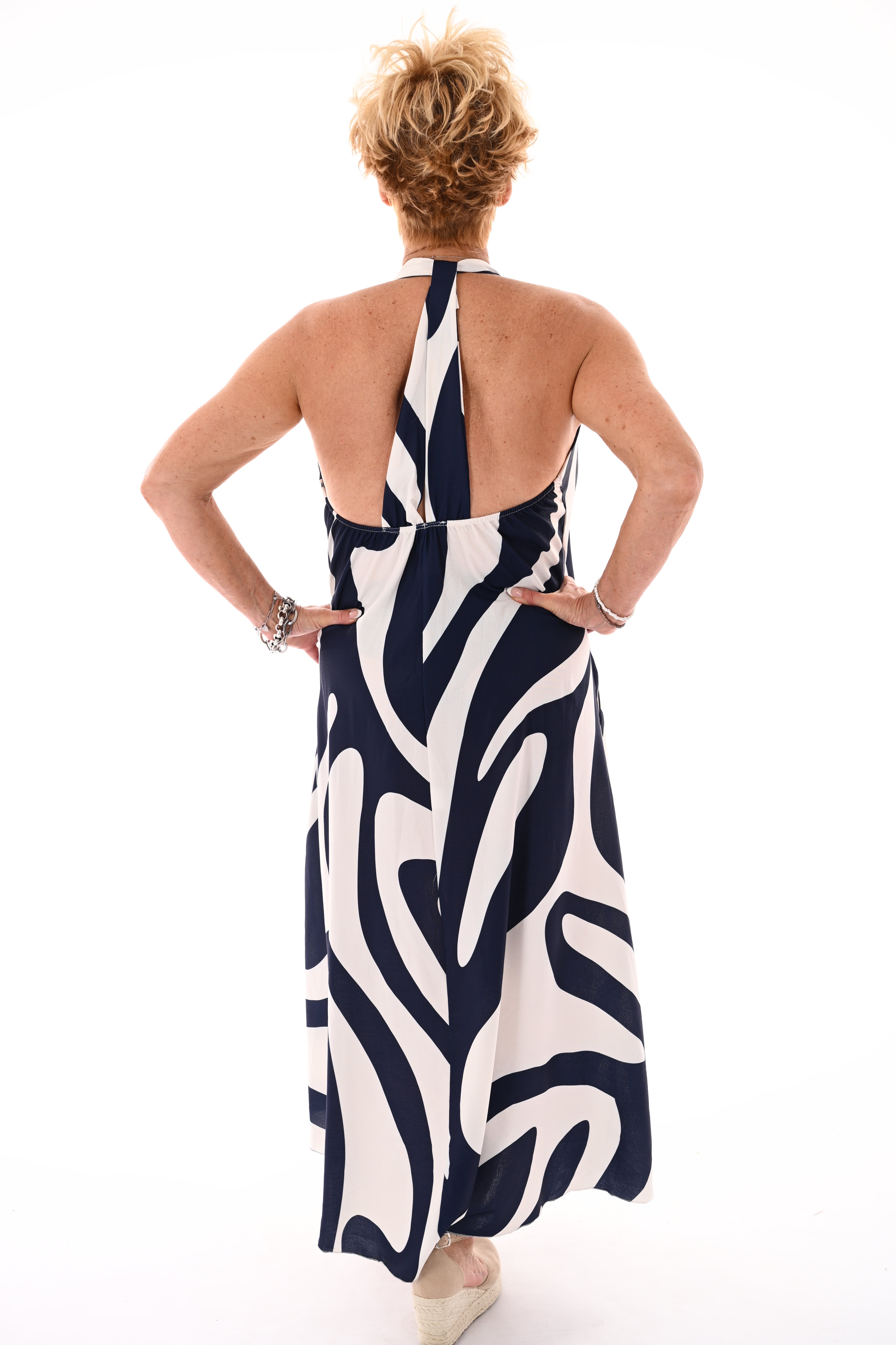 Halter jurk abstracte print marineblauw