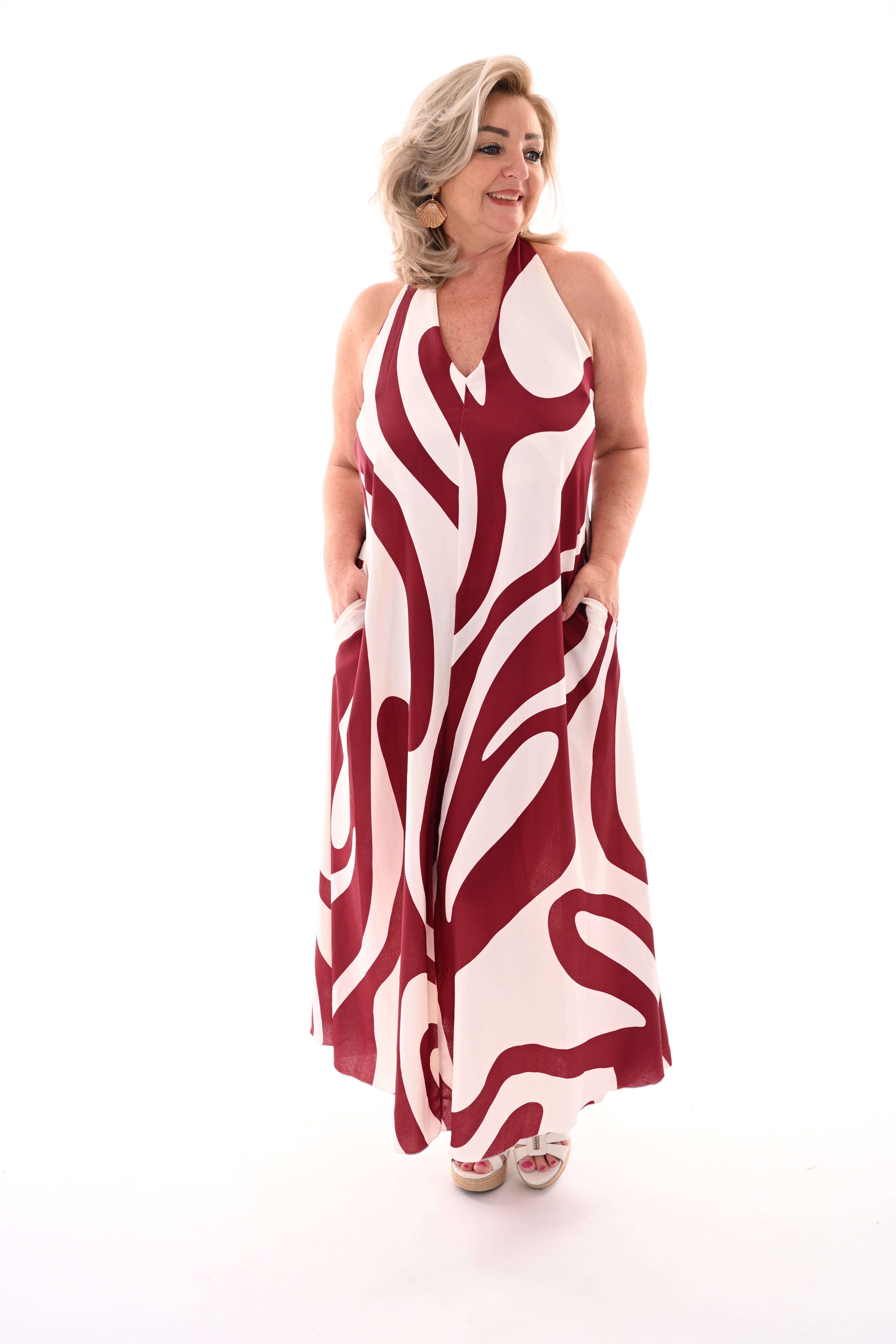 Halter jurk abstracte print bordeaux