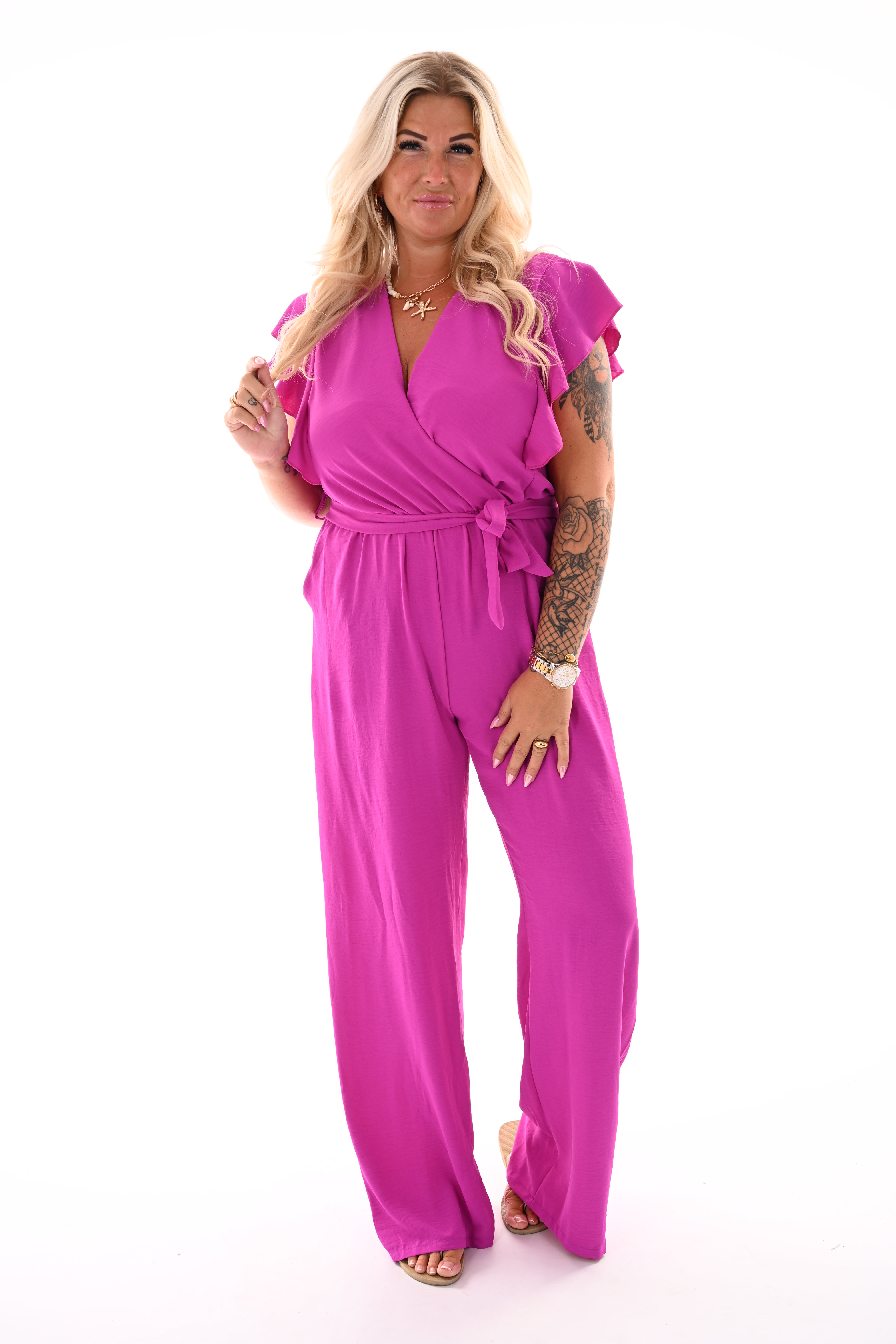 Jumpsuit korte roezelmouwen uni magenta