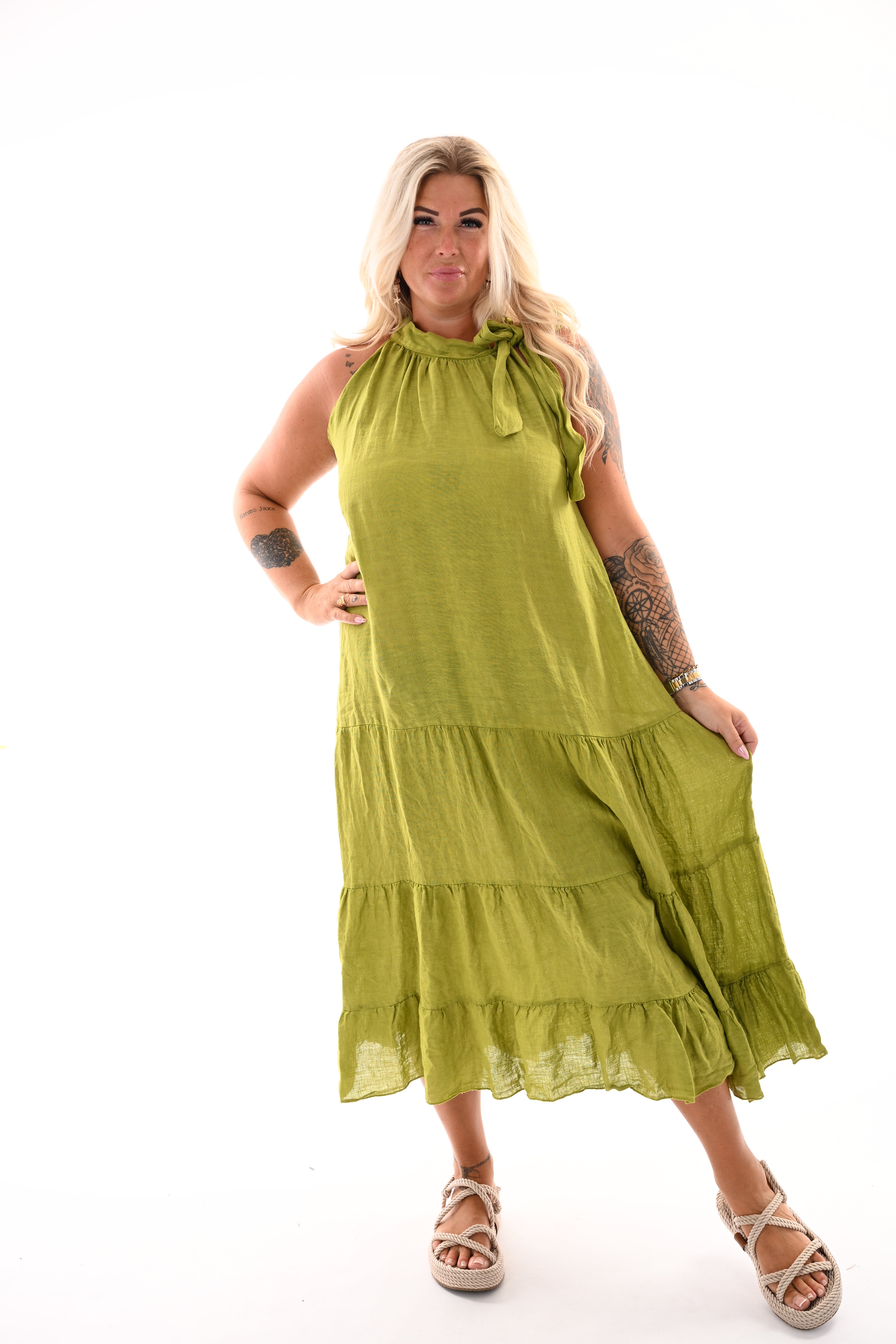 Lange jurk halter knoop lime