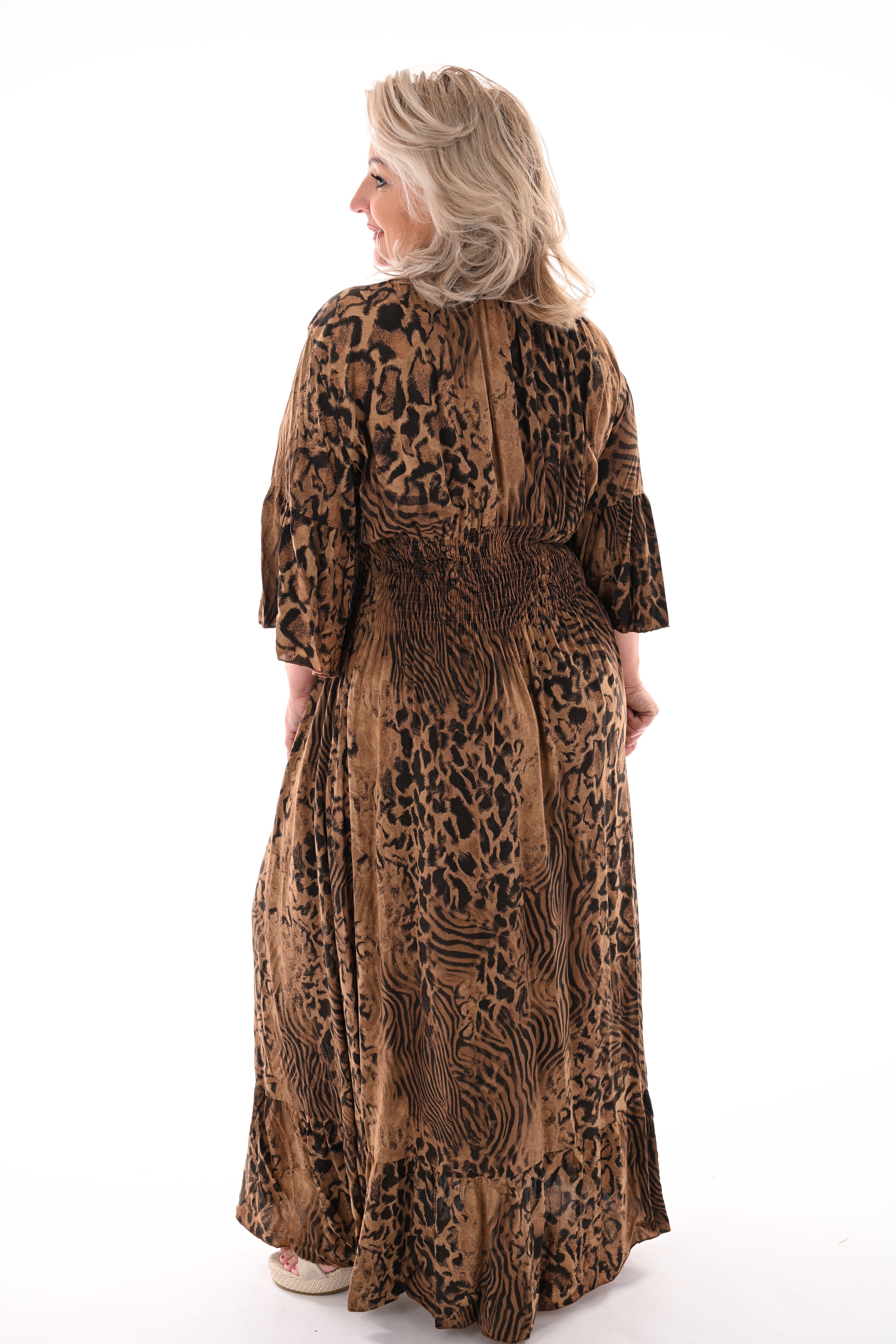 Lange jurk v-hals panterprint bruin