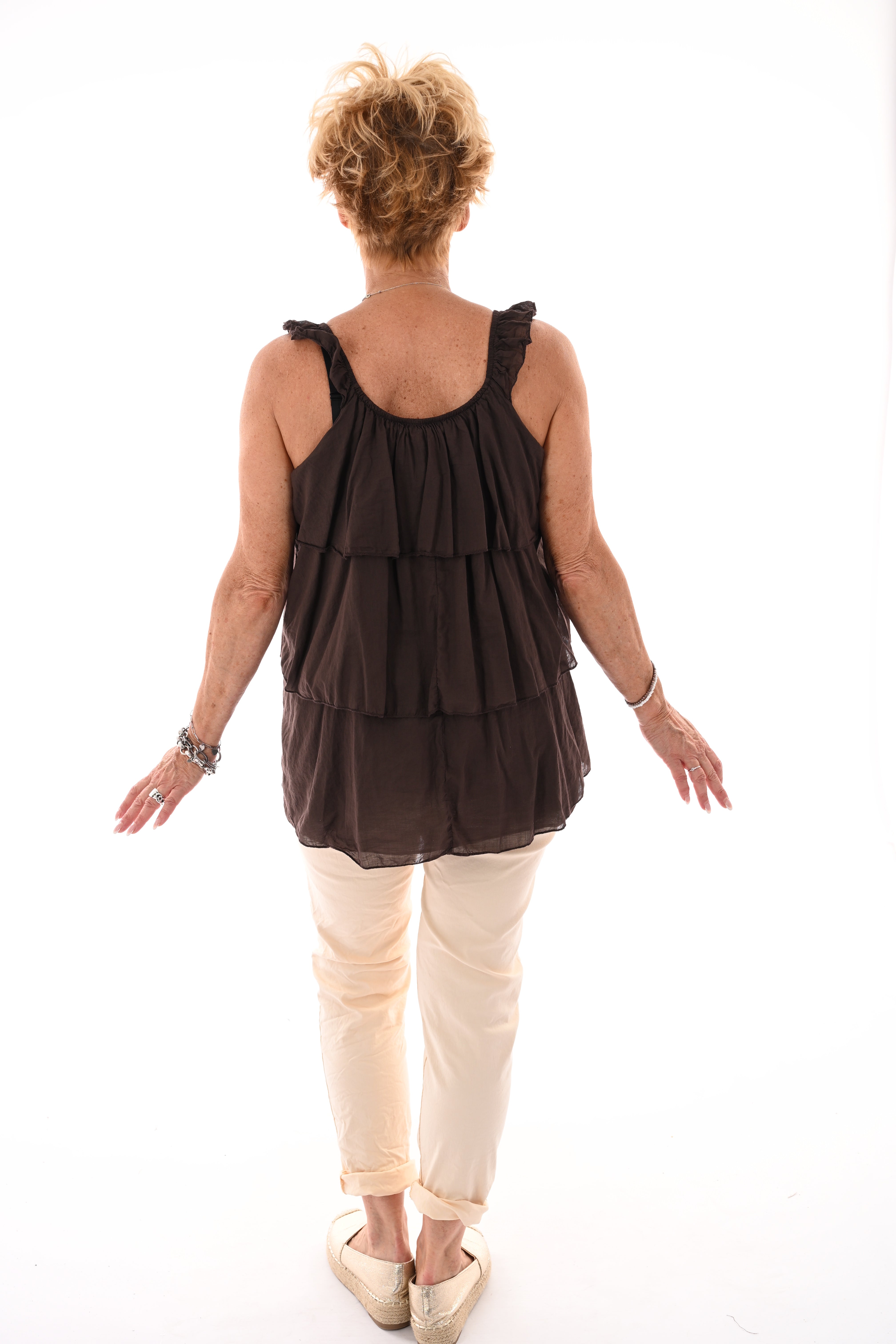 Top ruffle lagen uni donkerbruin