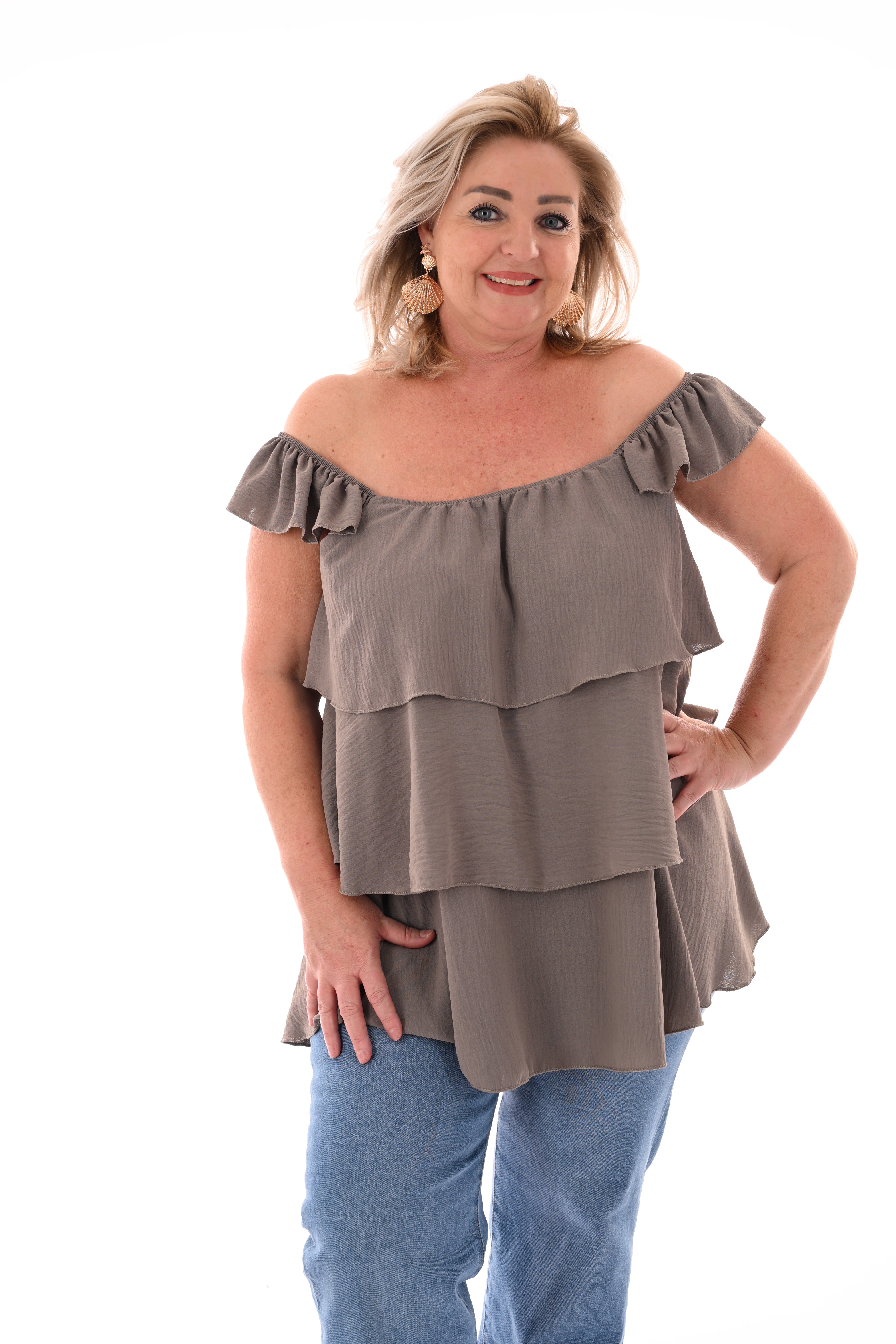 Top volant lagen uni taupe