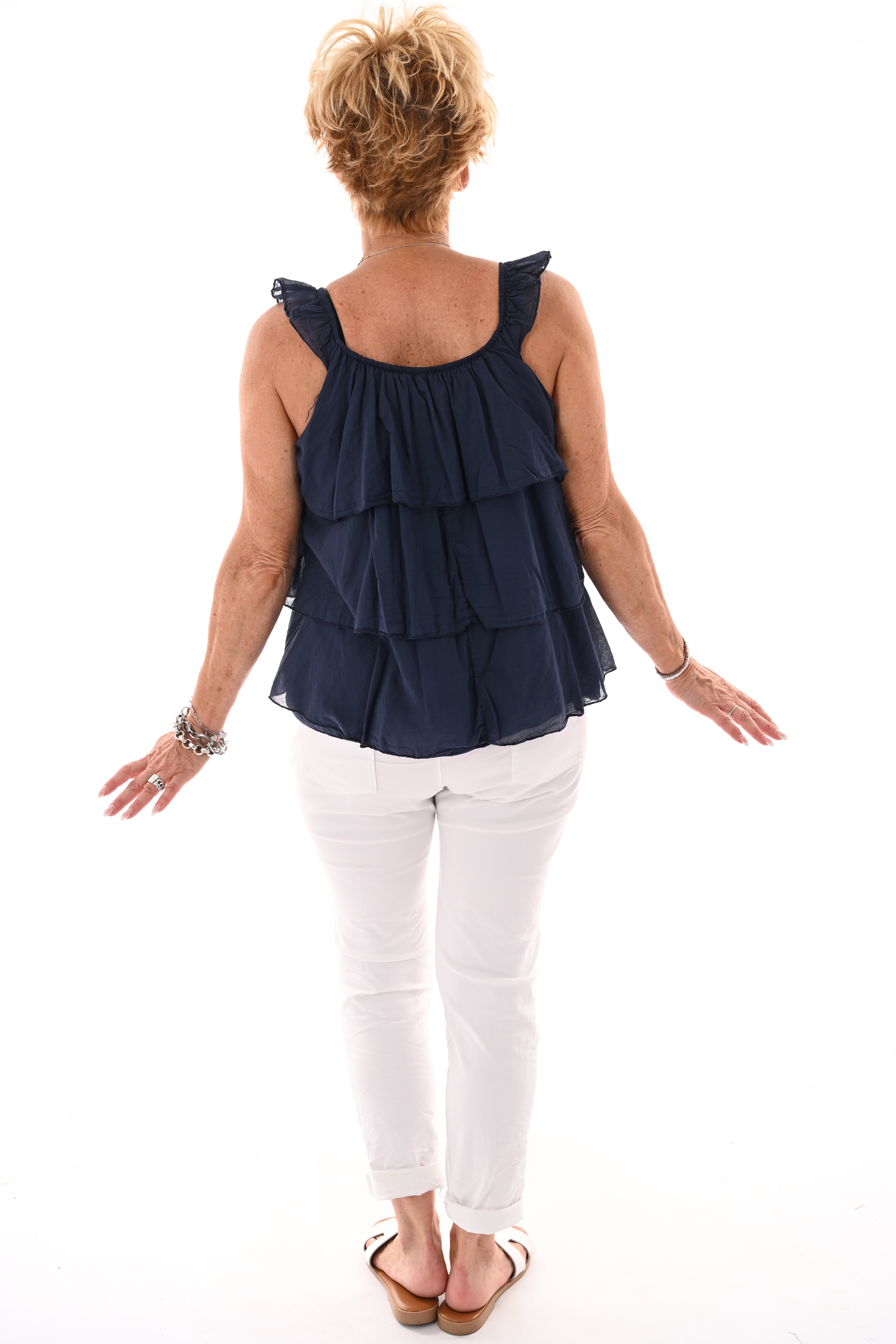 Top ruffle lagen uni marineblauw