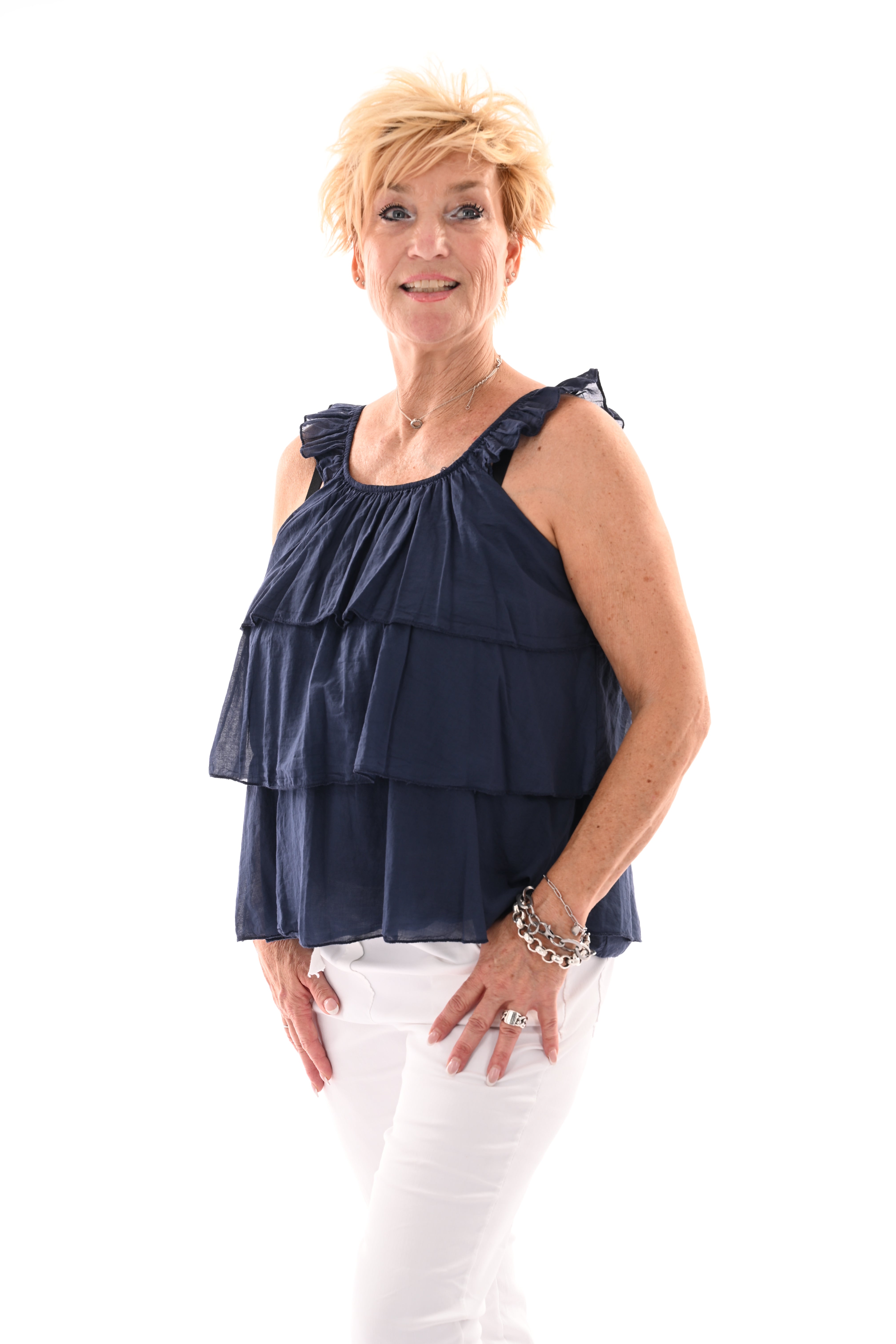 Top ruffle lagen uni marineblauw