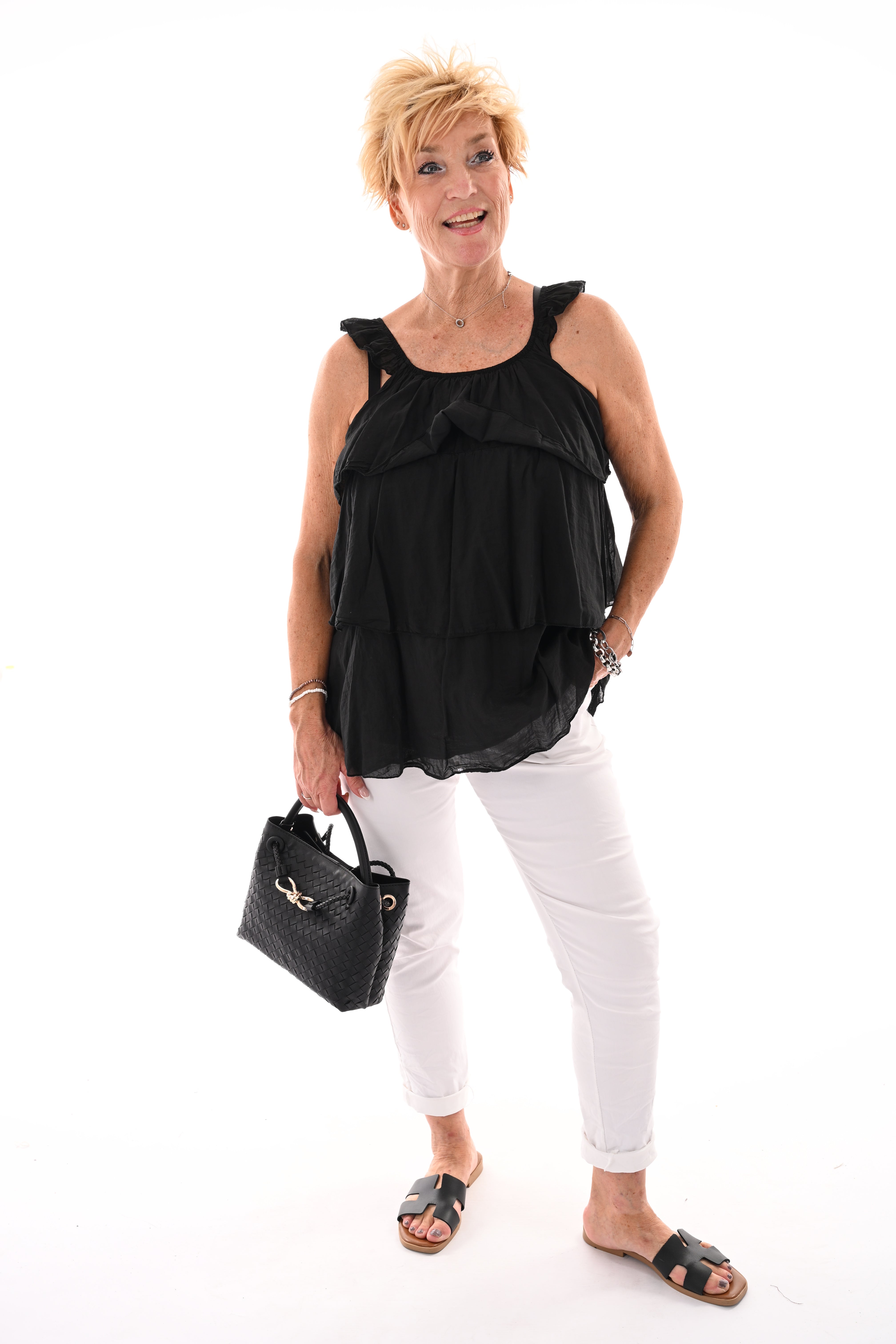 Top ruffle lagen uni zwart
