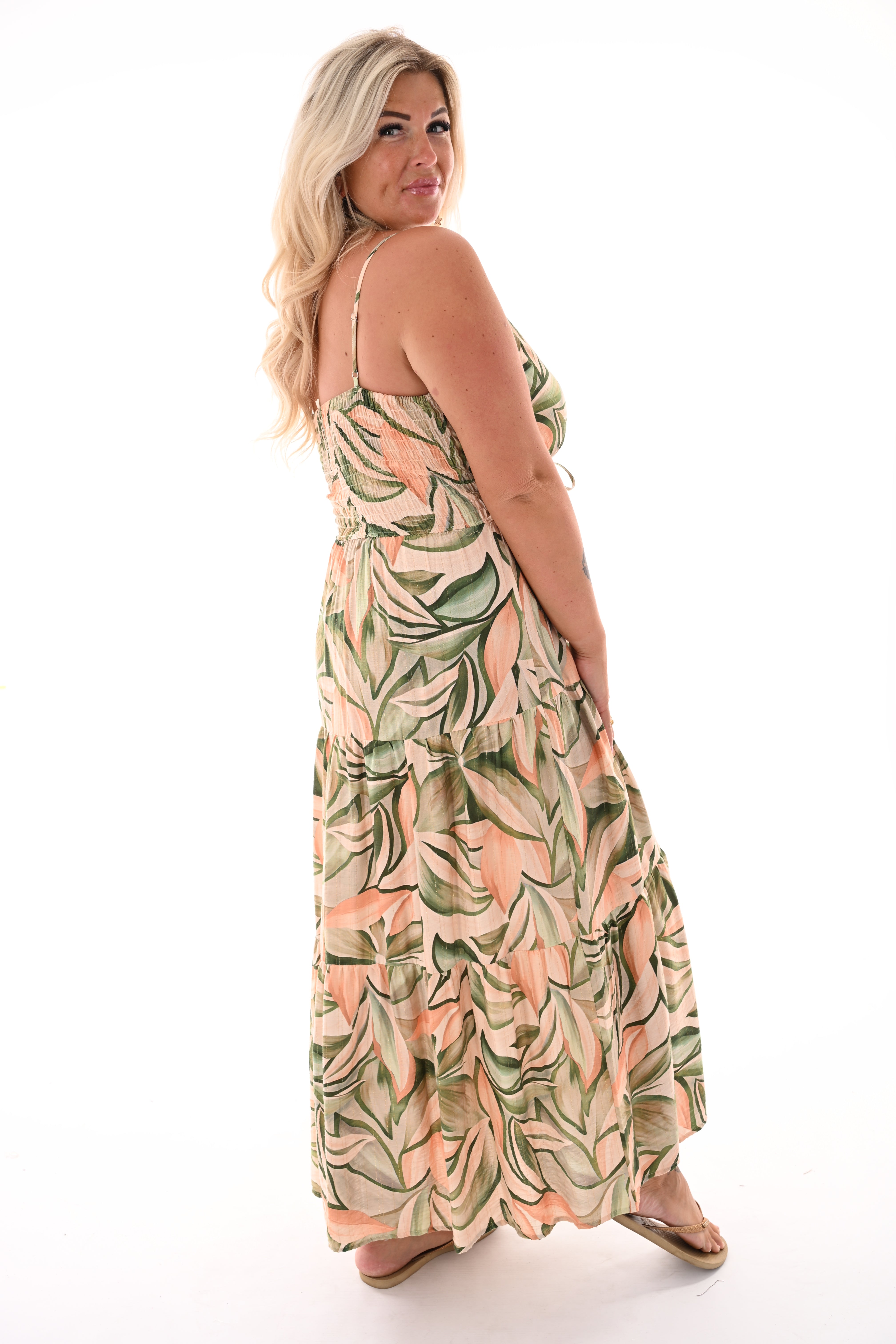 Lange jurk smalle bandjes met bloemen groen
