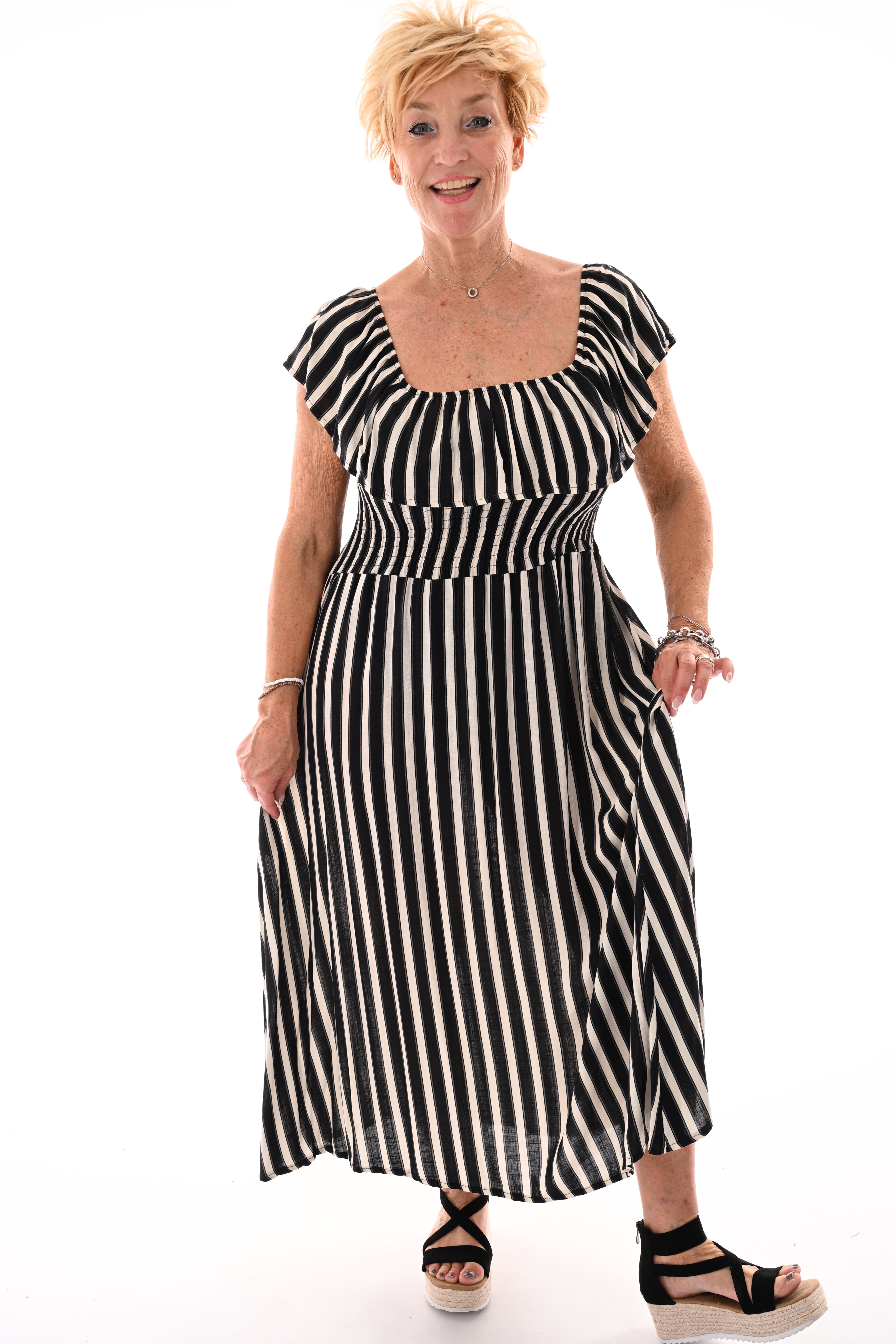 Off-shoulder jurk strepen zwart