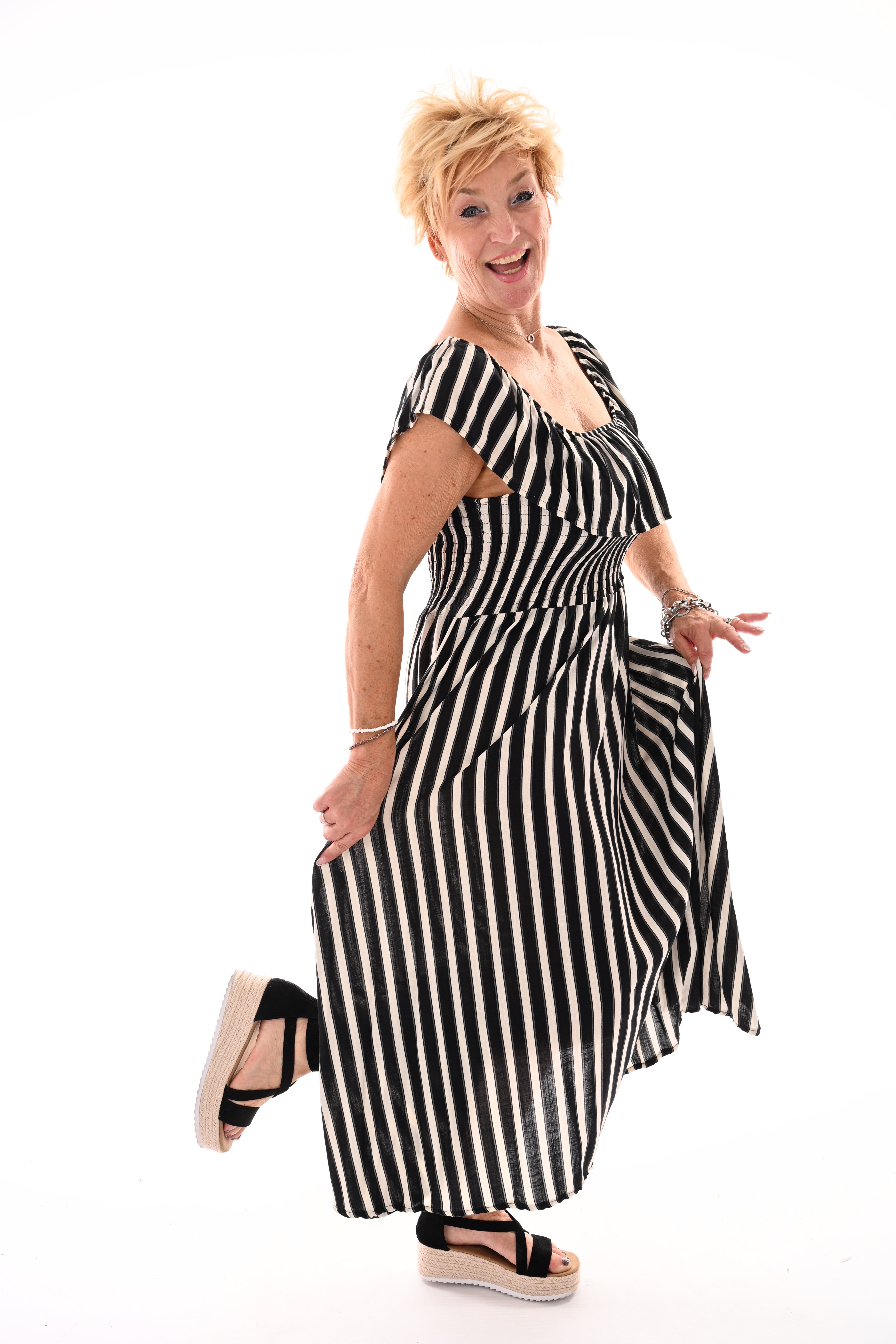 Off-shoulder jurk strepen zwart