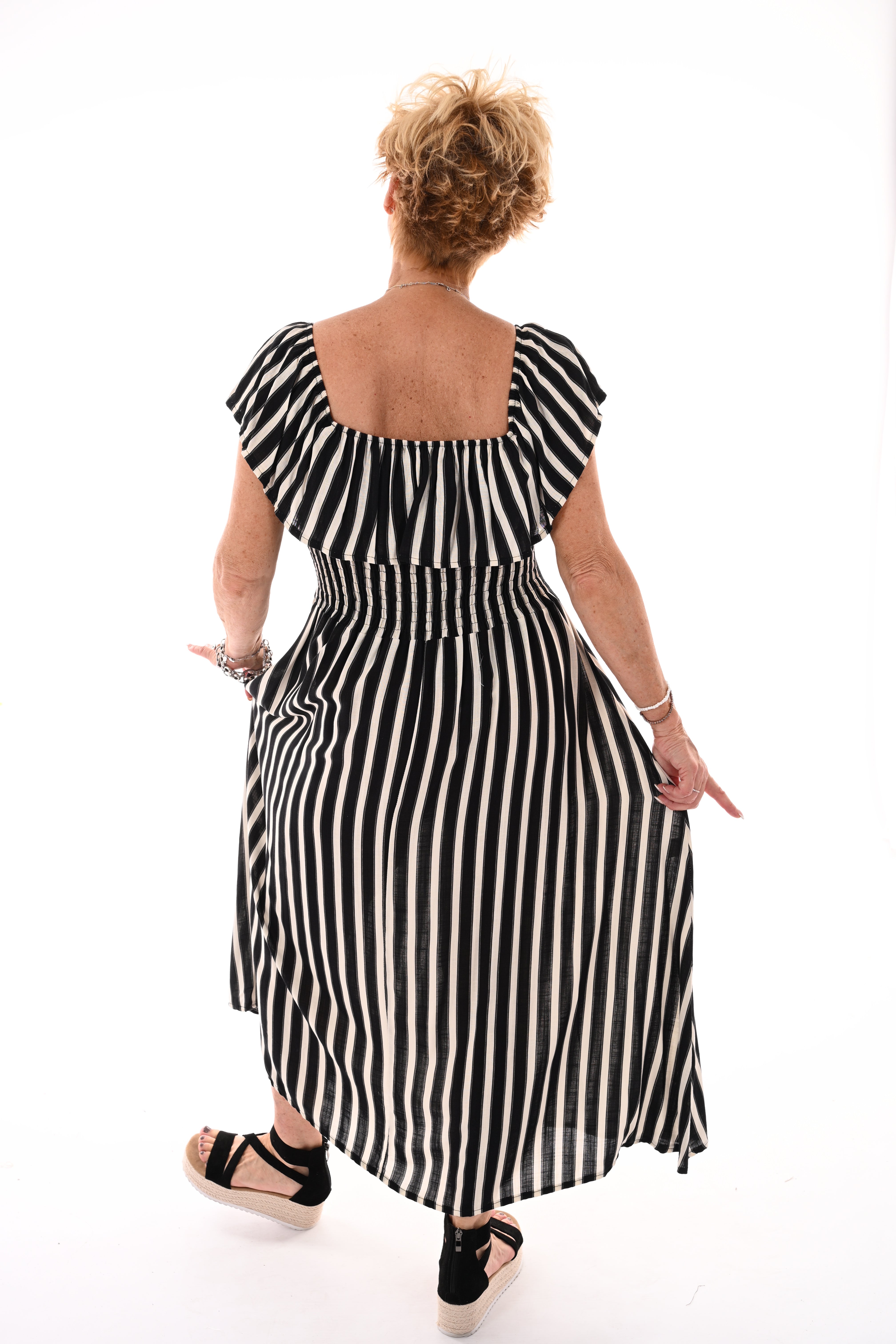 Off-shoulder jurk strepen zwart