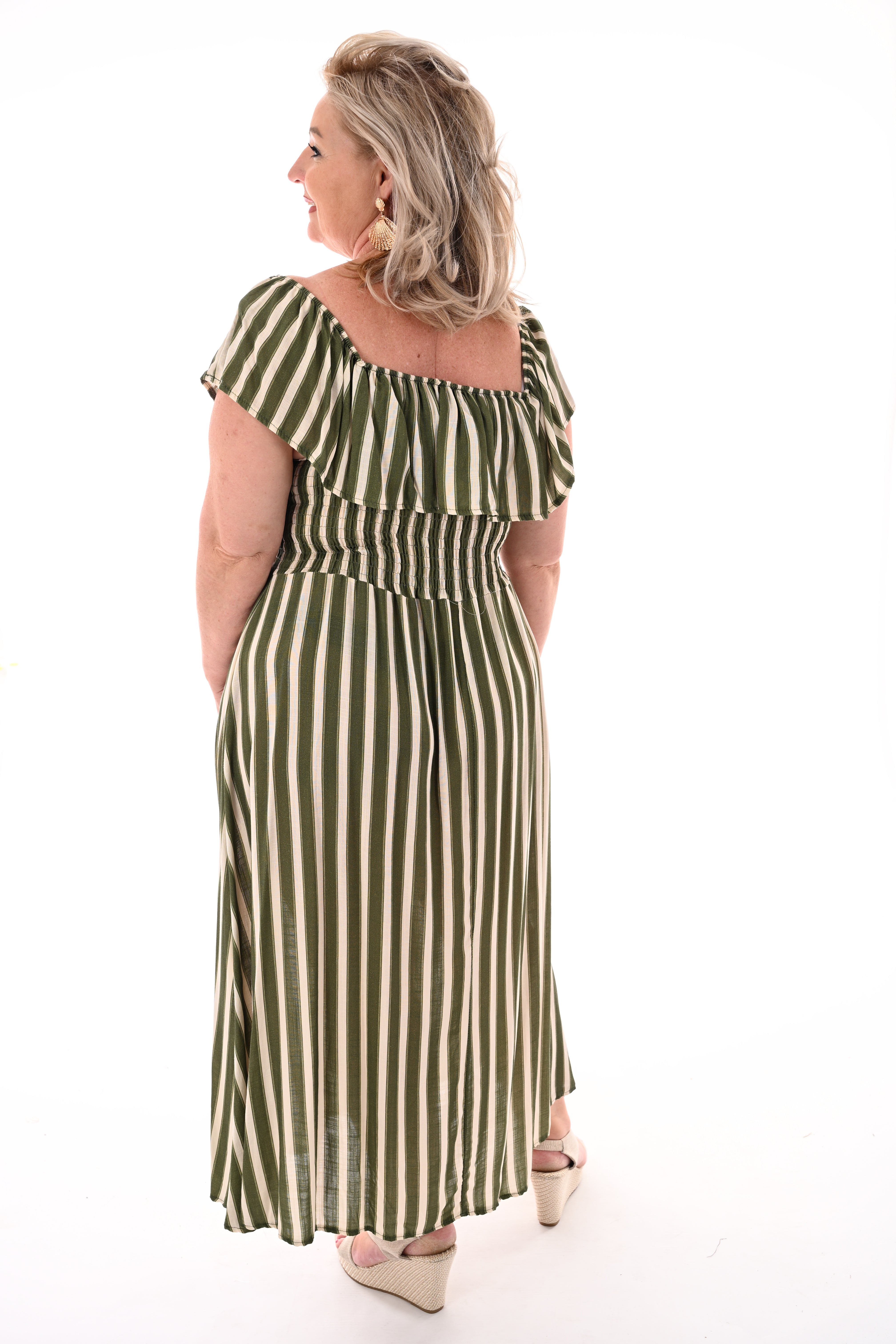 Off-shoulder jurk strepen legergroen