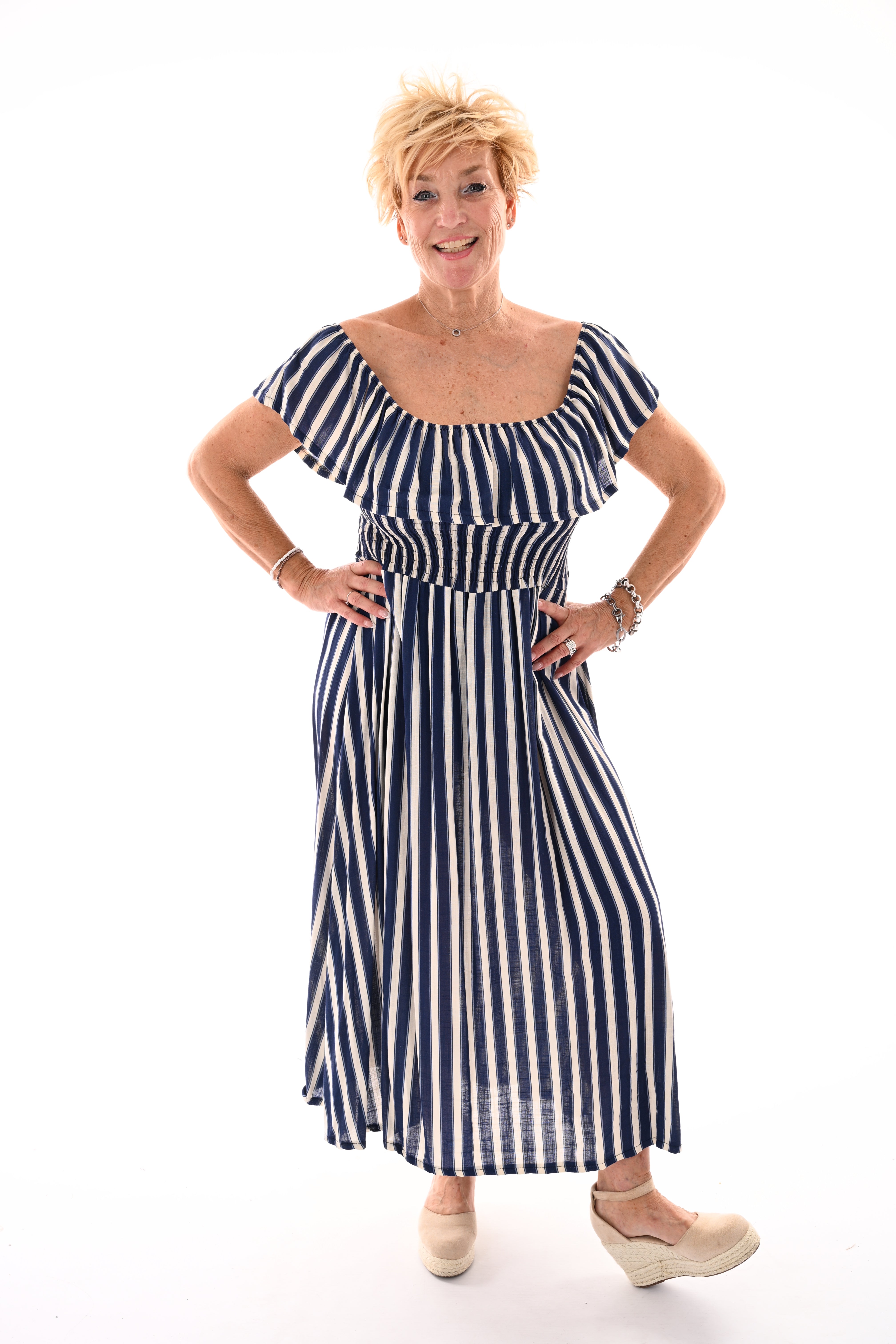 Off-shoulder jurk strepen marineblauw