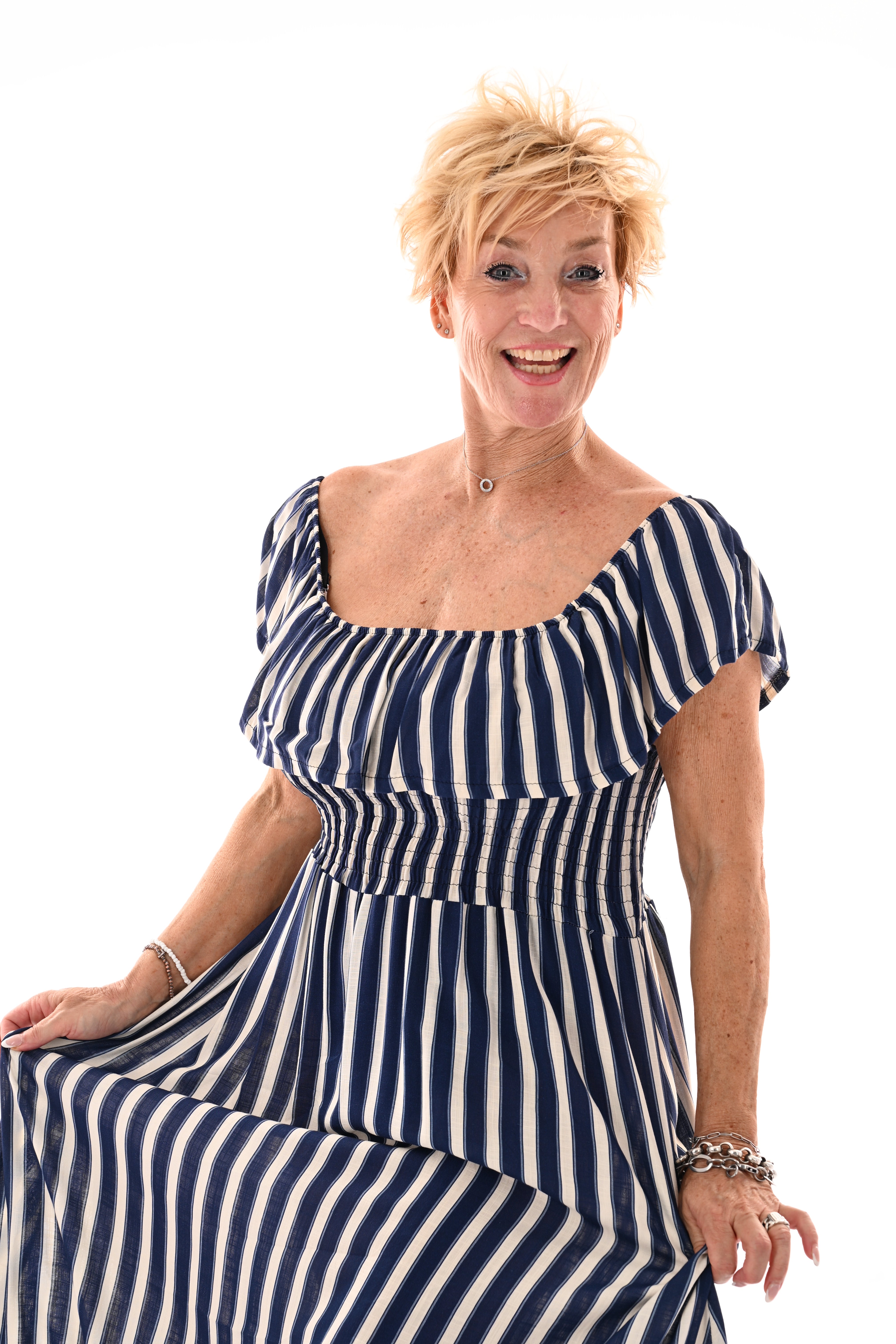 Off-shoulder jurk strepen marineblauw