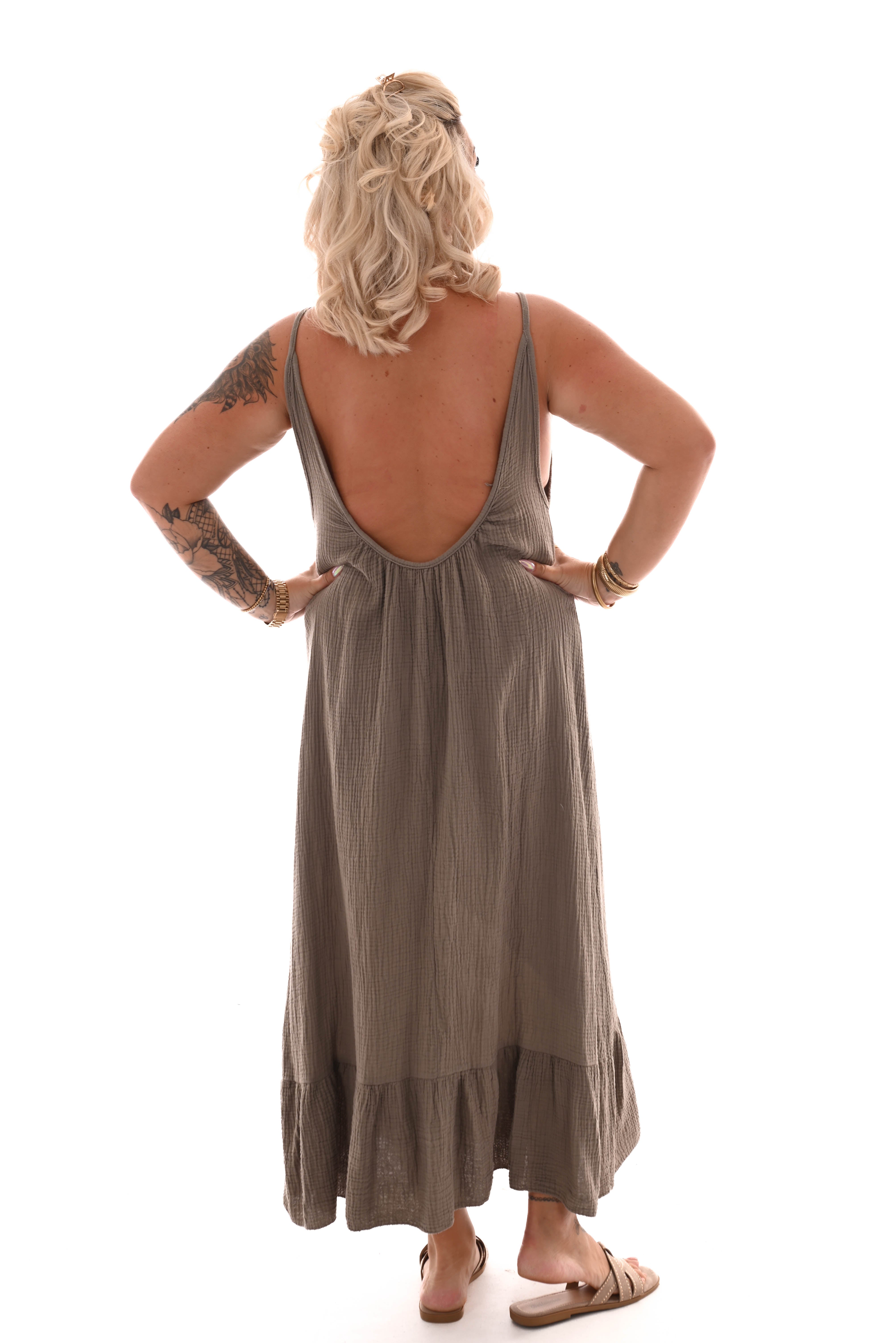 Lange wafel jurk lage rug taupe