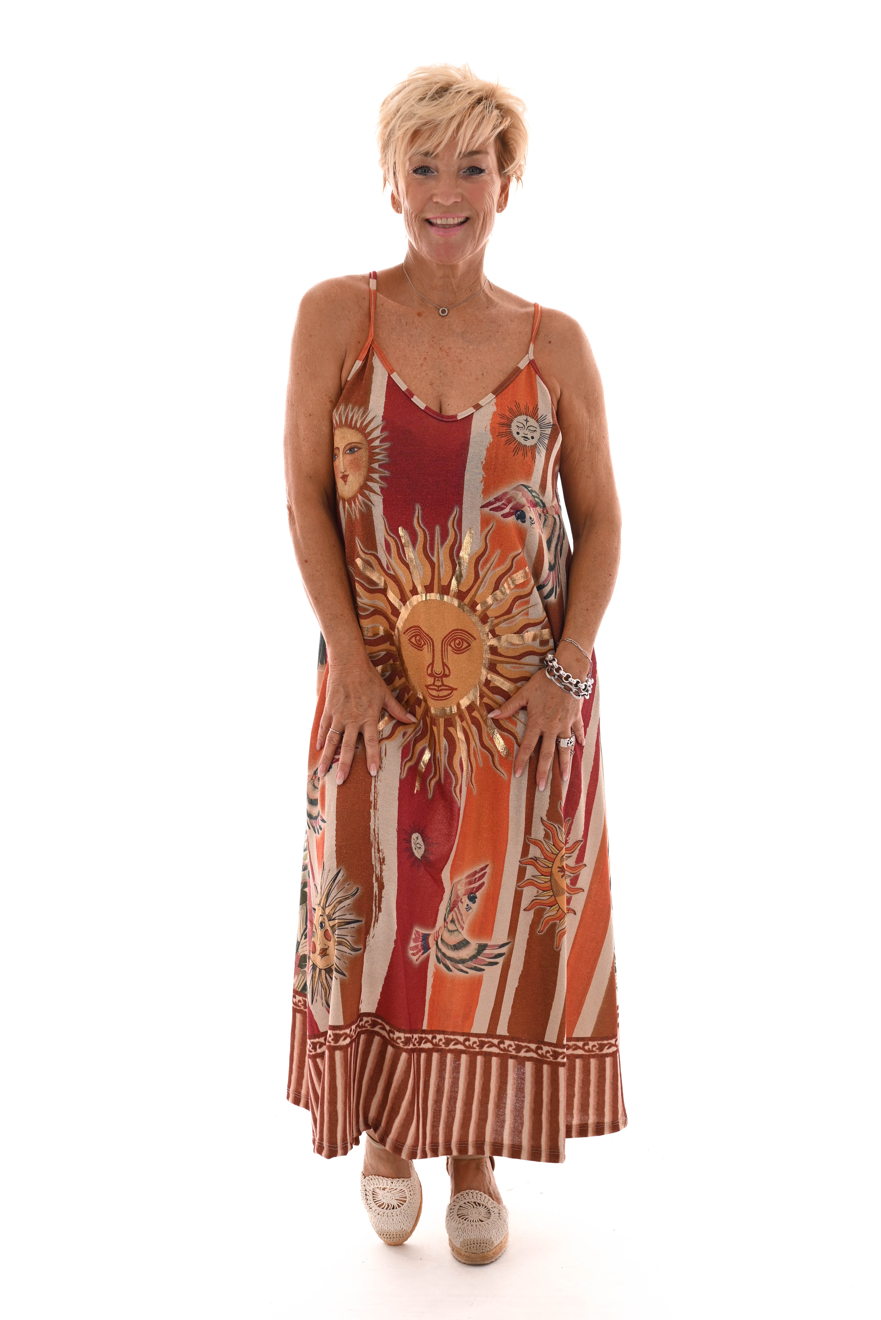 Jurk spaghetti bandjes met zon rood/creme