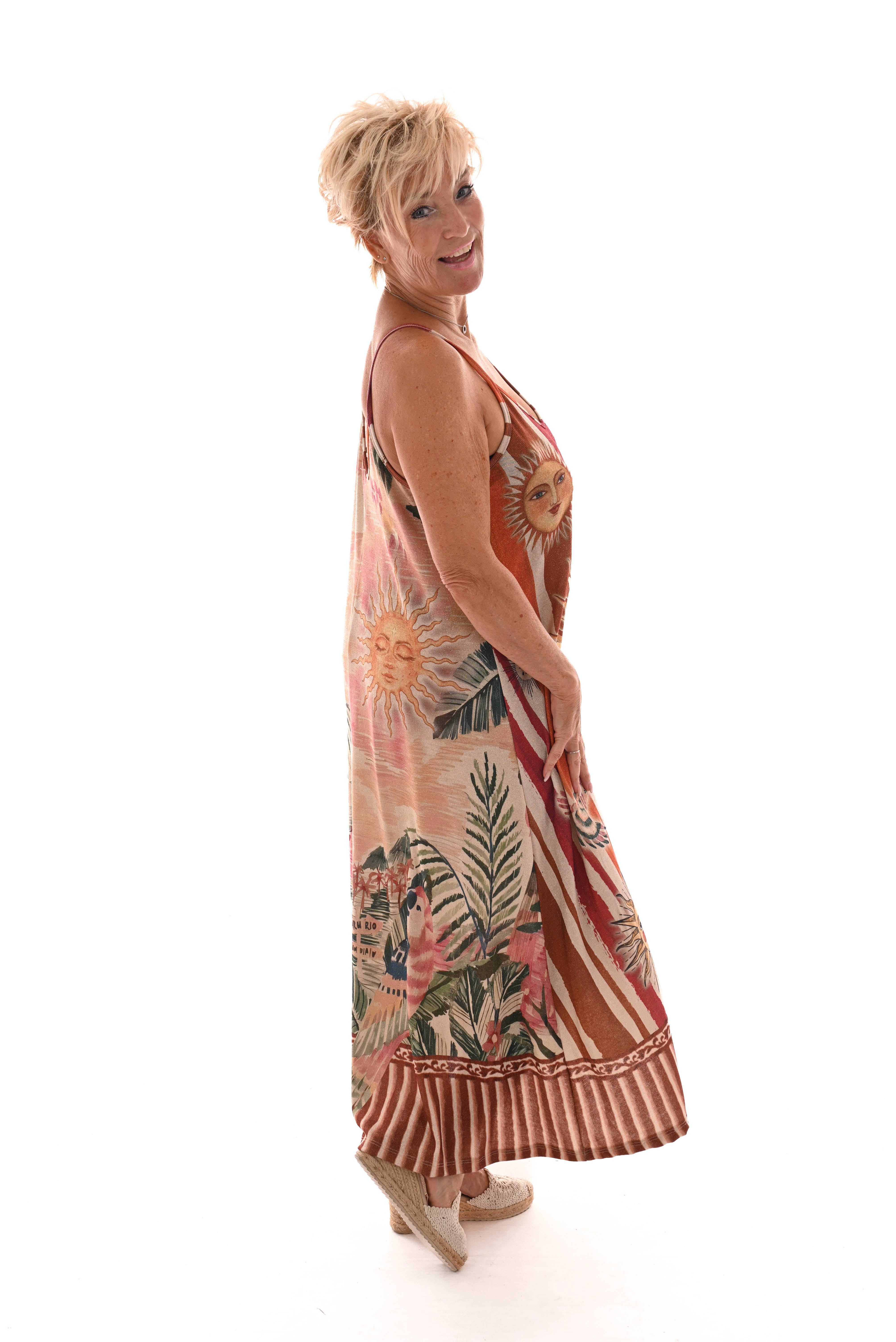 Jurk spaghetti bandjes met zon rood/creme