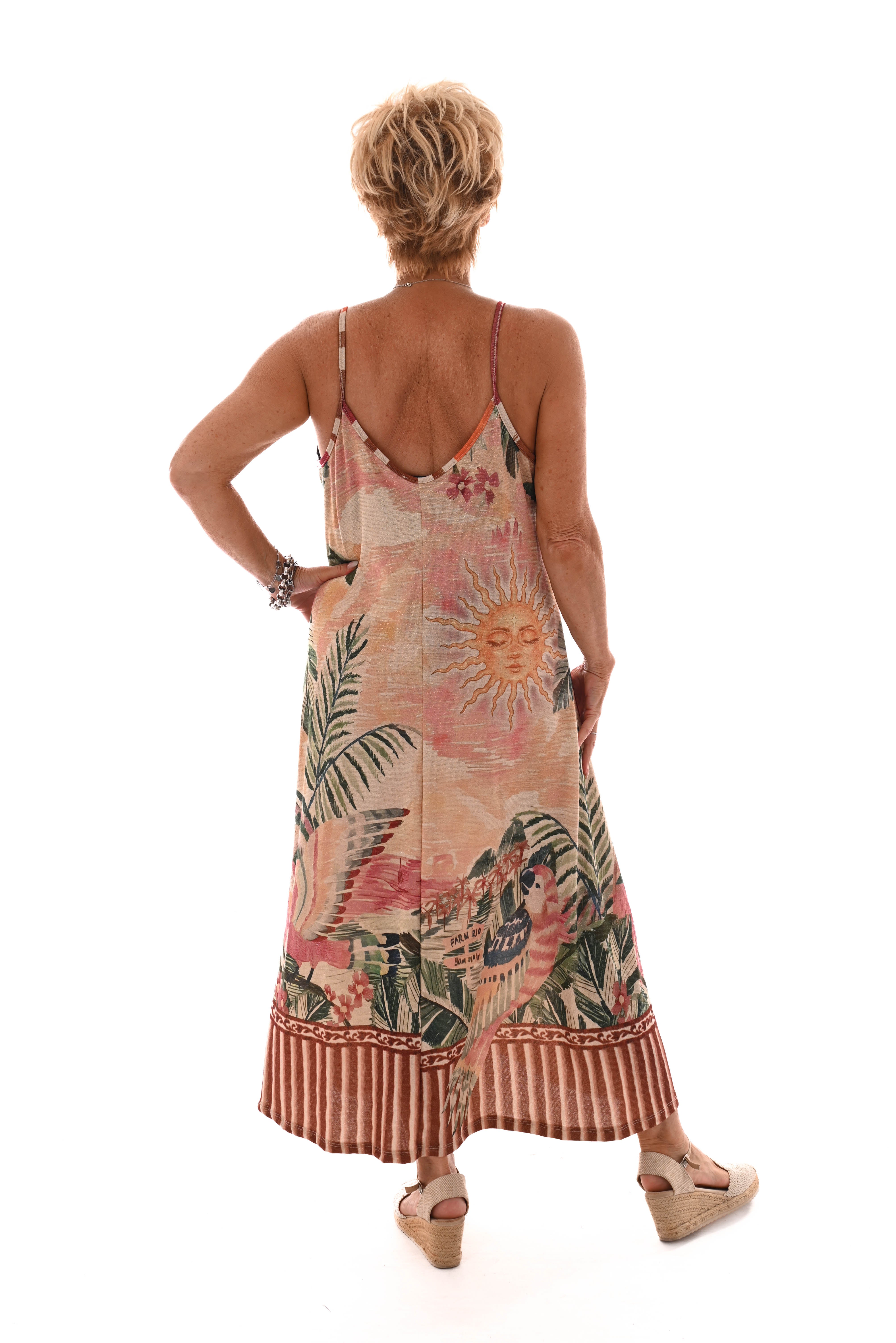 Jurk spaghetti bandjes met zon rood/creme