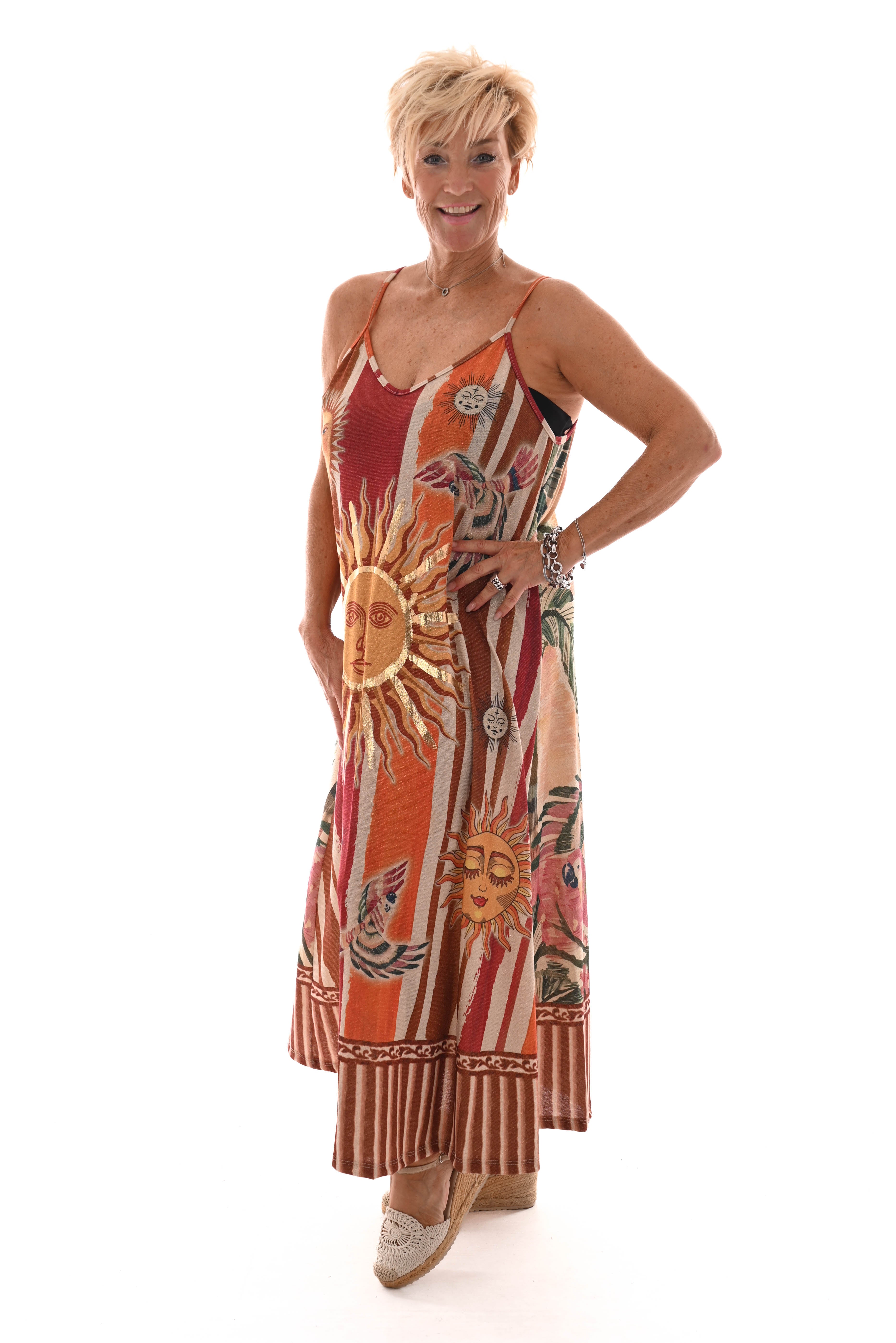 Jurk spaghetti bandjes met zon rood/creme