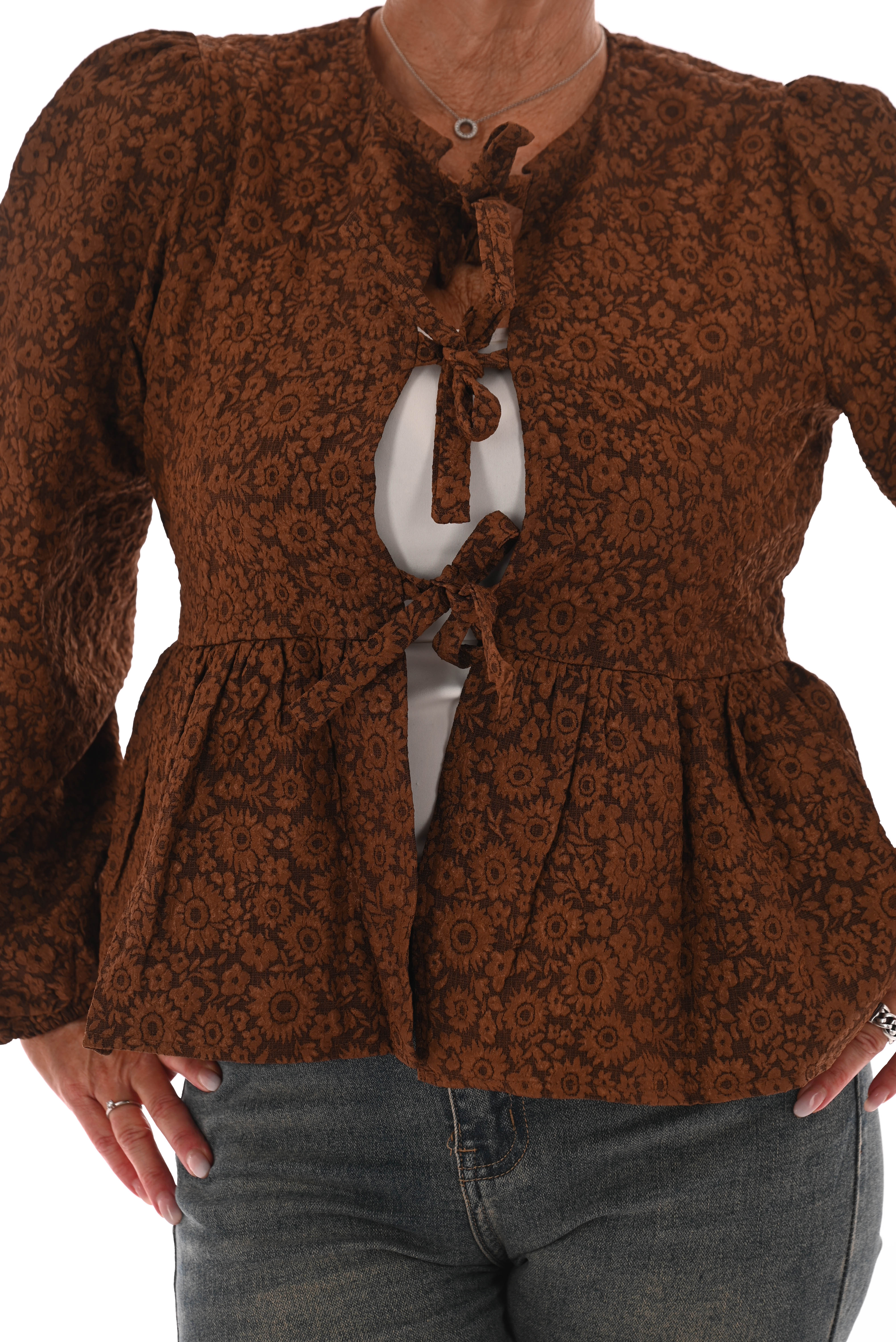 Strik blouse bloemen wijde uitloop bruin