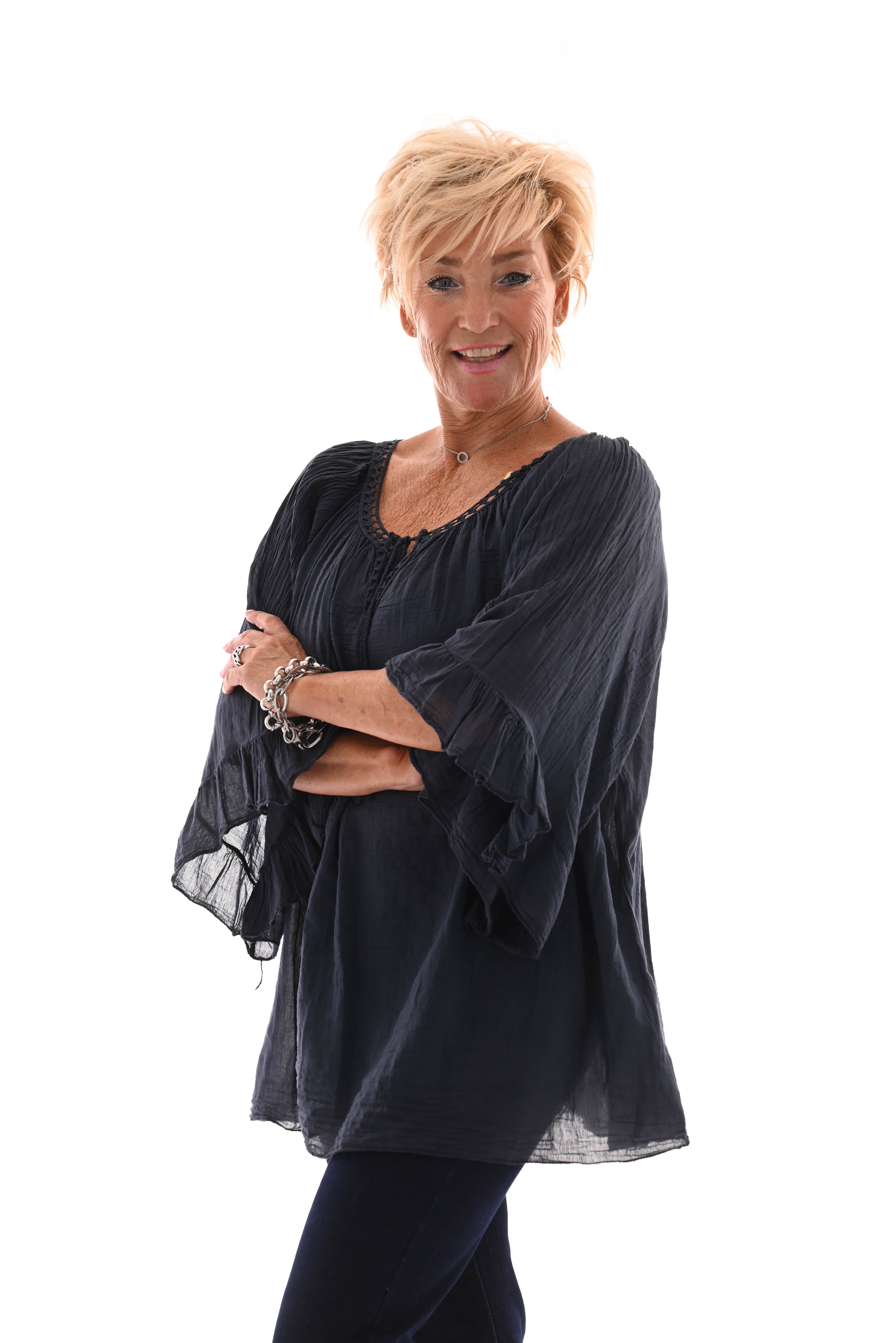 Top gehaakte rand trompetmouwen marineblauw