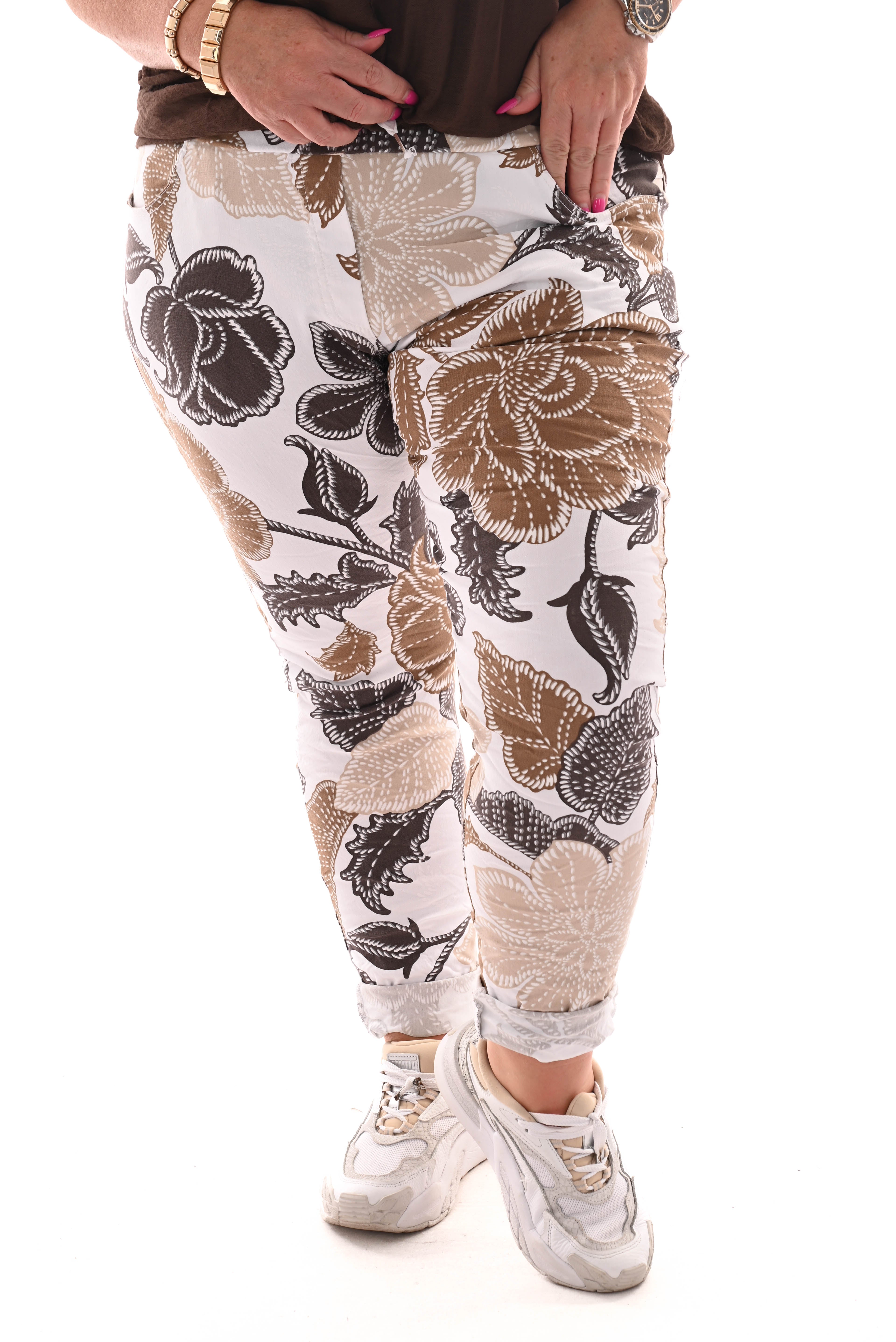 Stretchbroek bloemen wit/bruin