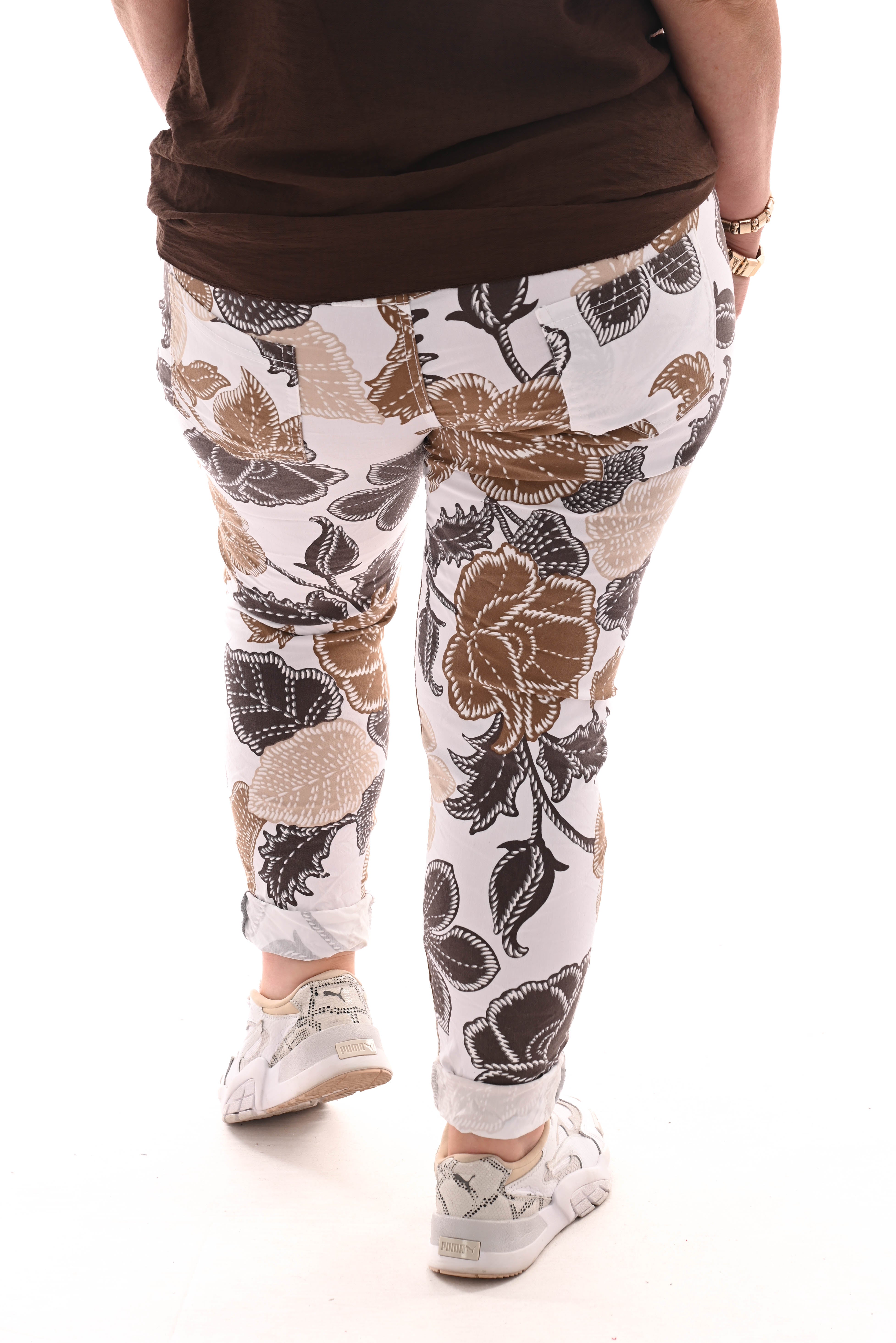 Stretchbroek bloemen wit/bruin