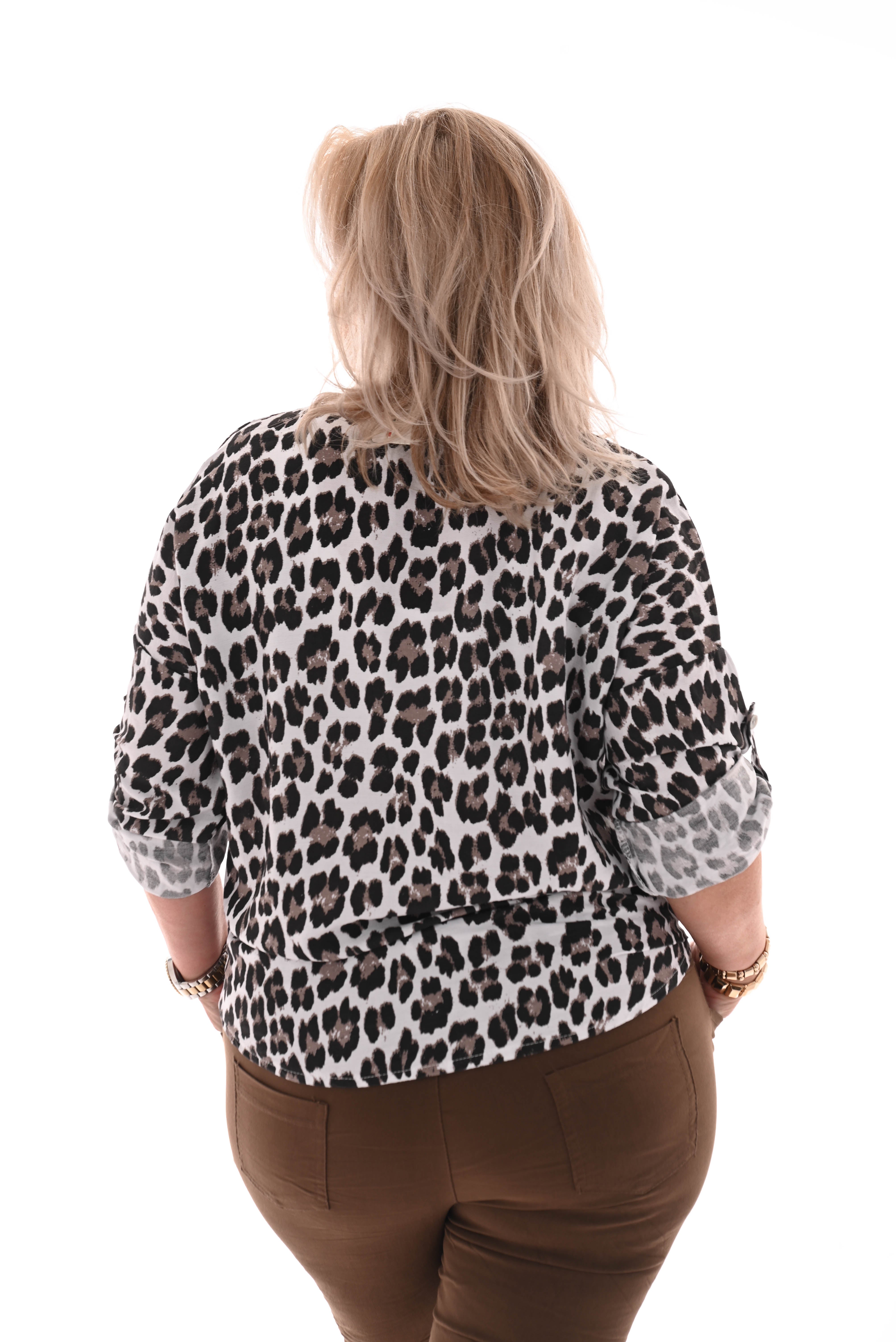 Panterprint blouse met knoop wit