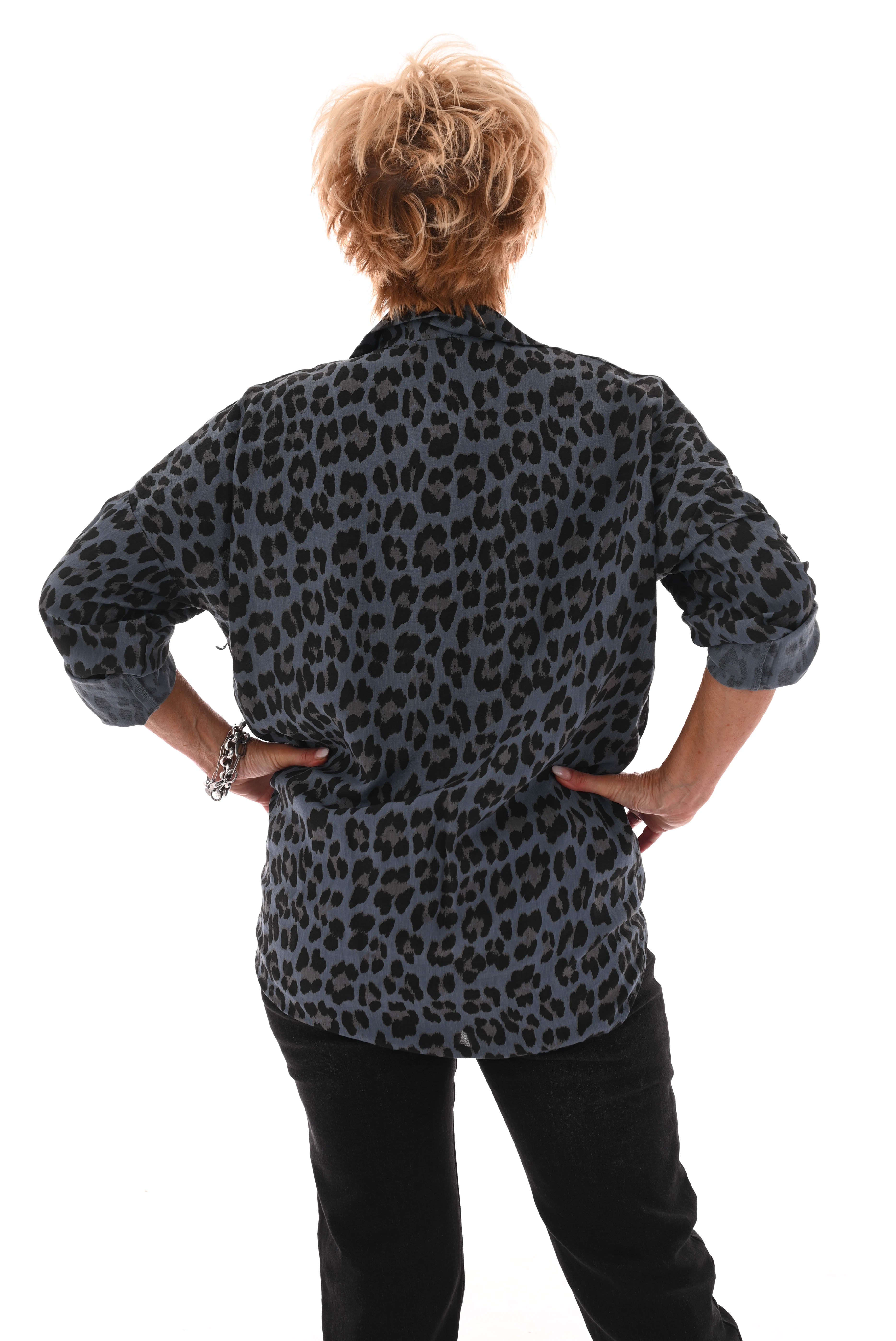 Panterprint blouse met knoop jeansblauw