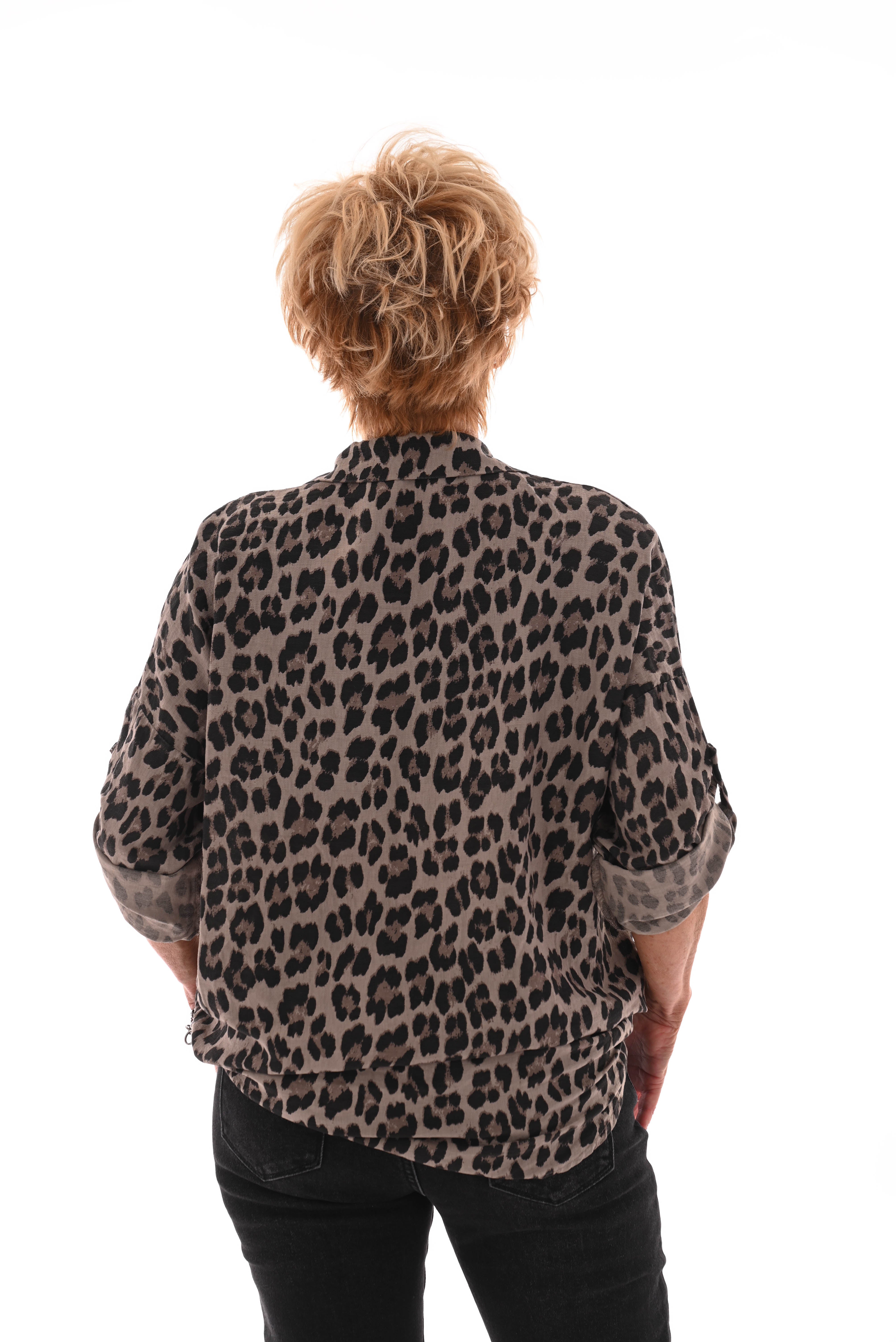 Panterprint blouse met knoop taupe