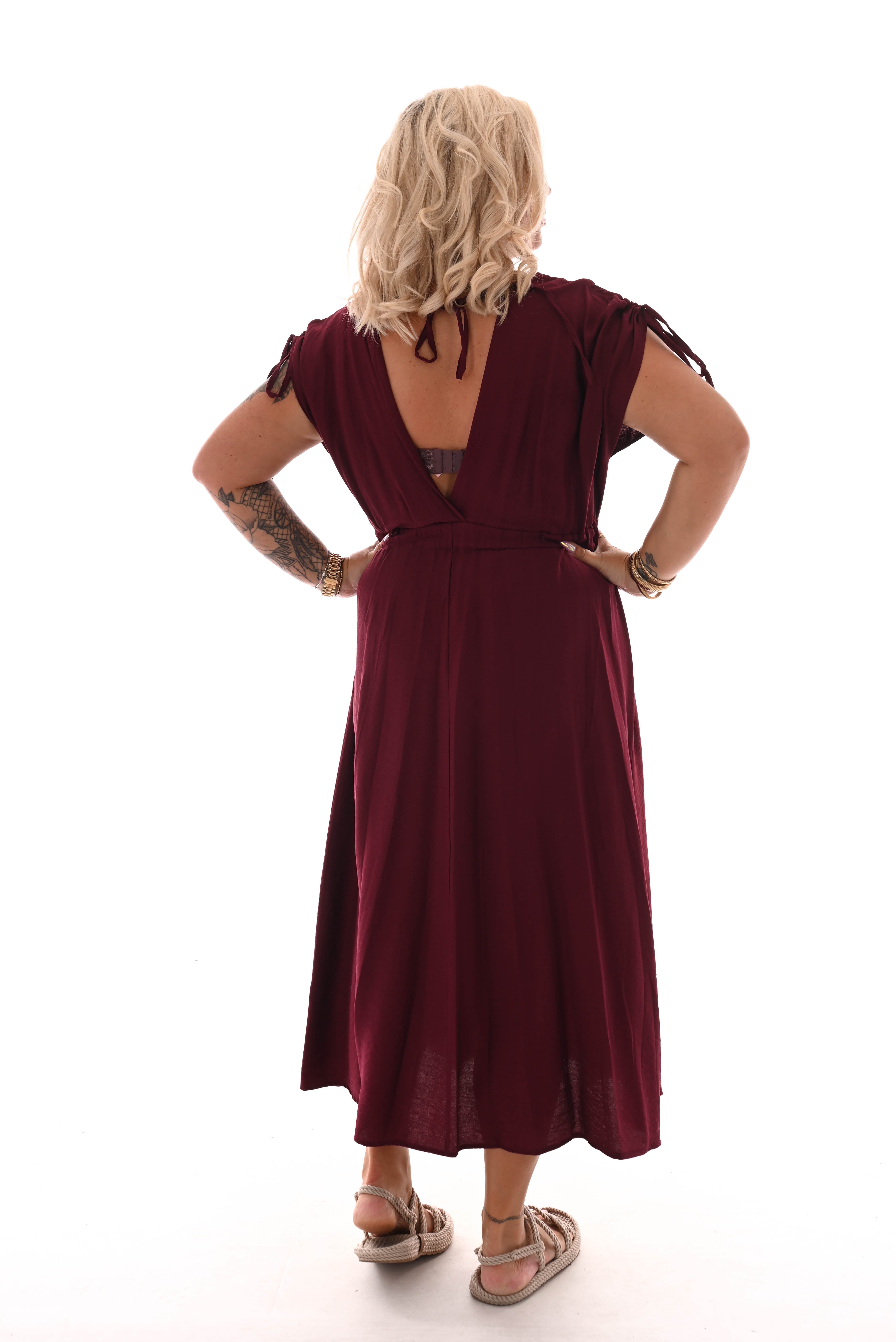 Lange jurk strik mouwen bordeaux