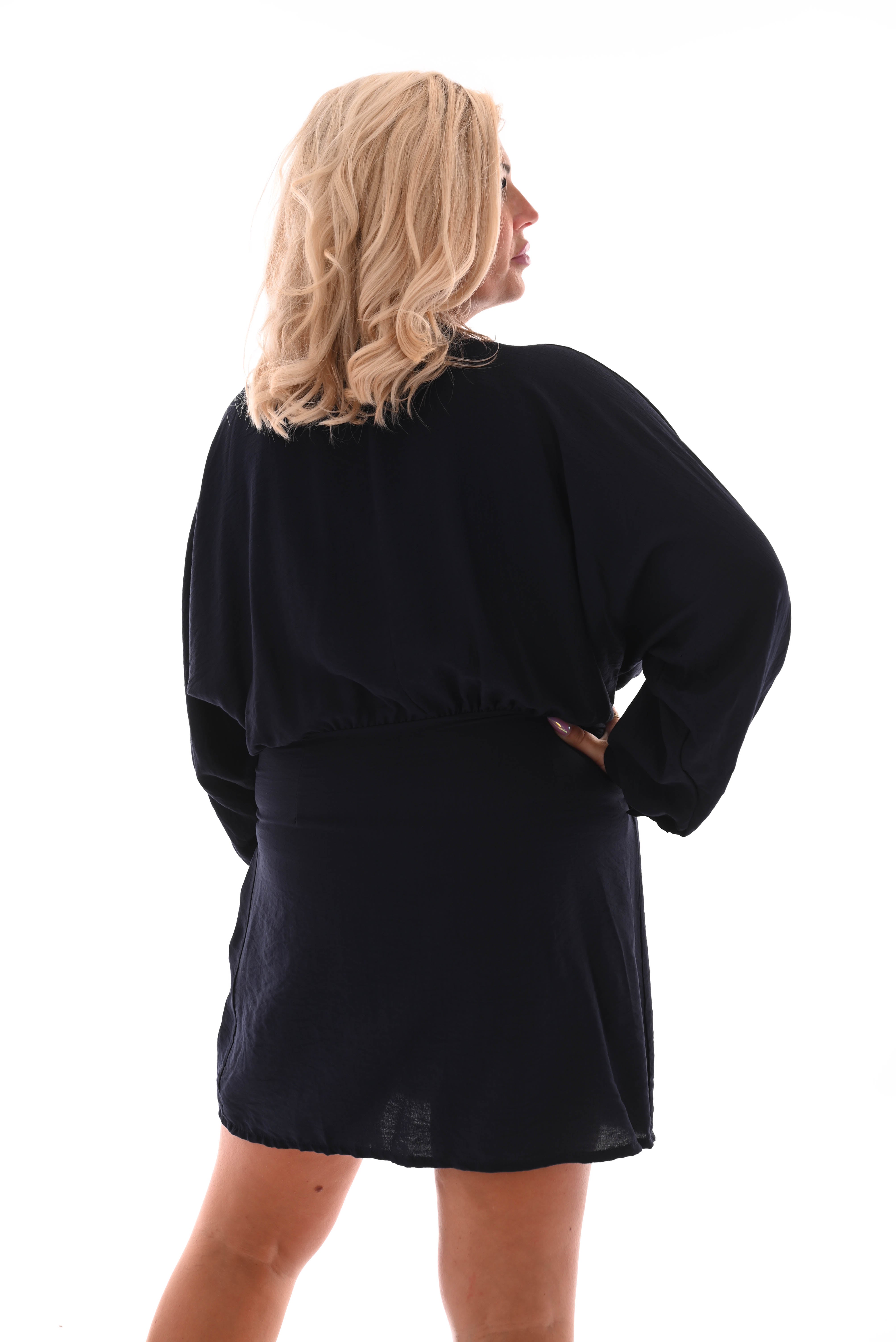Jurk met overslag en knoop uni marineblauw